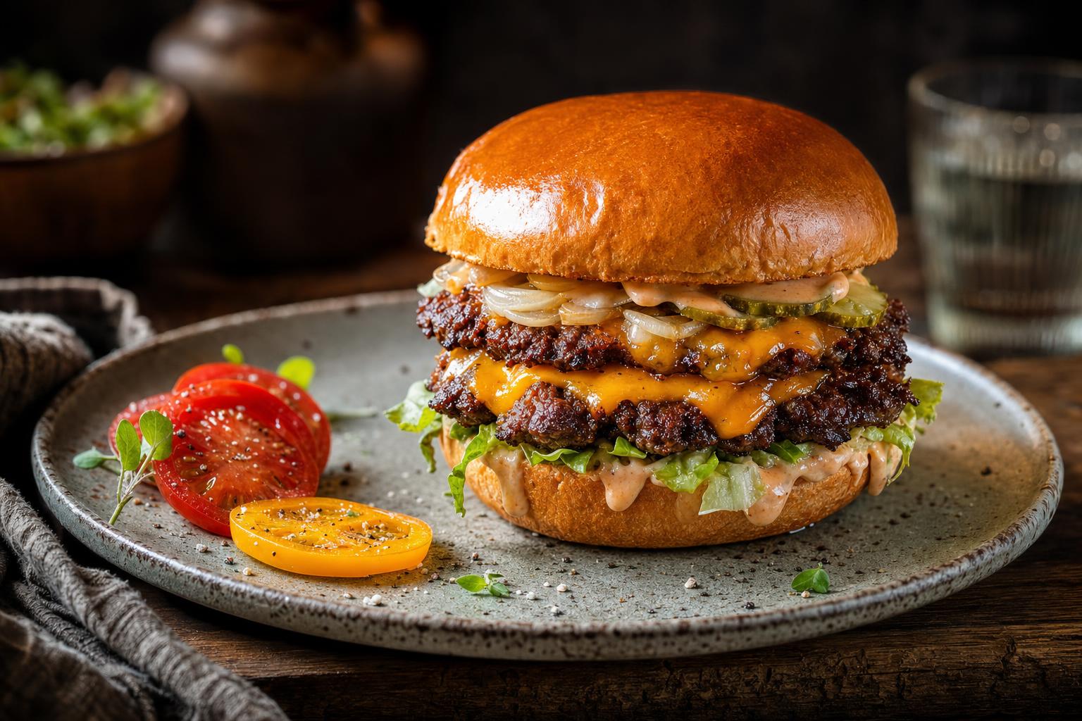 Smash Burger mit glänzendem Brioche-Brötchen, knusprigen Rindfleisch-Patties, Cheddar, Salat, Zwiebeln, Gurken und Sauce auf Teller.