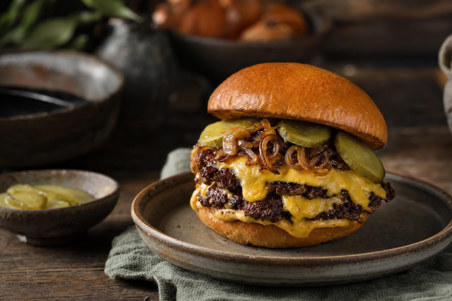 Saftiger Smash Burger mit geschmolzenem Käse, knusprigem Patty, eingelegten Gurken und karamellisierten Zwiebeln auf einem gerösteten Bun.