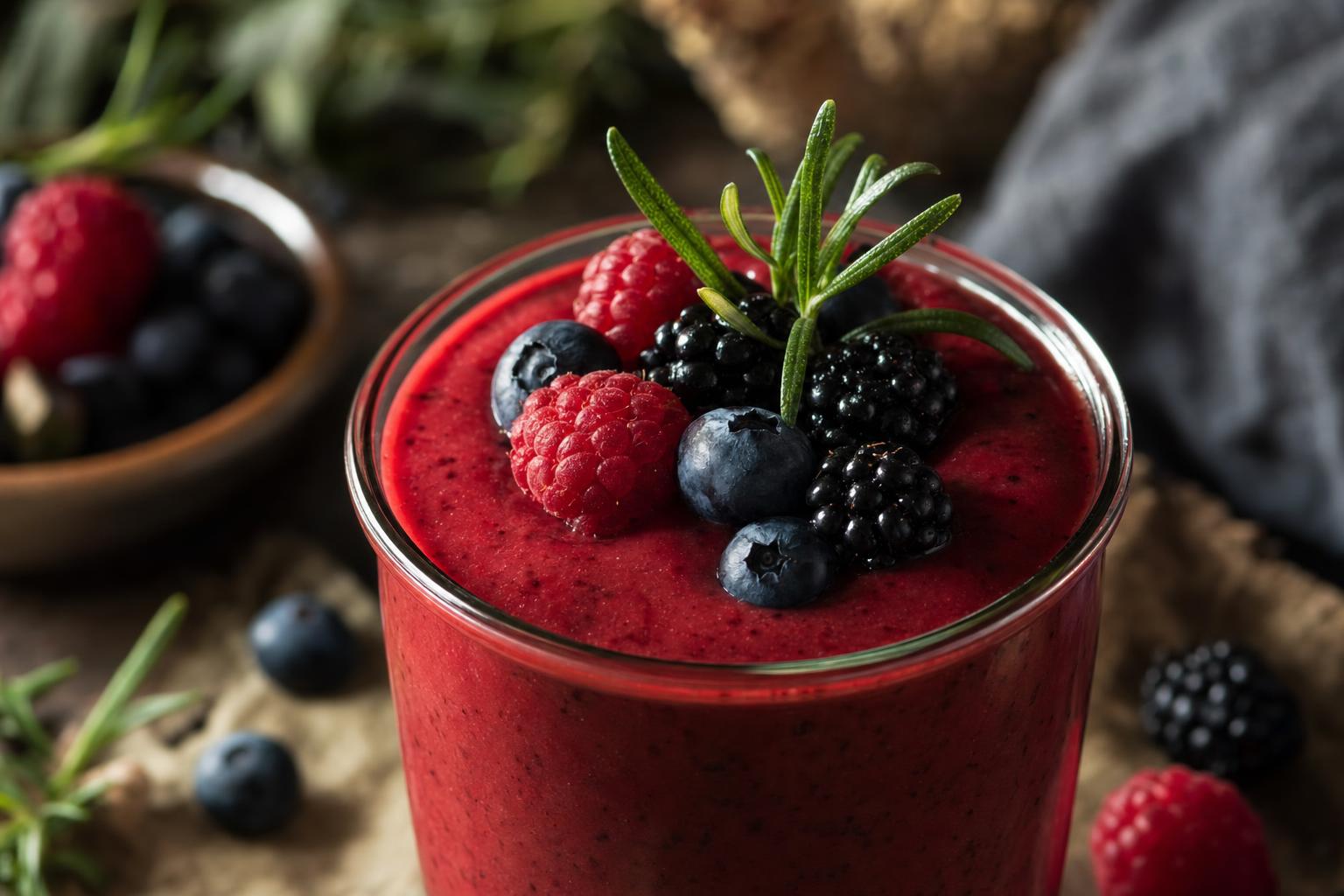 Rotes Smoothie-Getränk im Glas, garniert mit frischen Beeren und einem kleinen grünen Kräuterzweig, Nahaufnahme.
