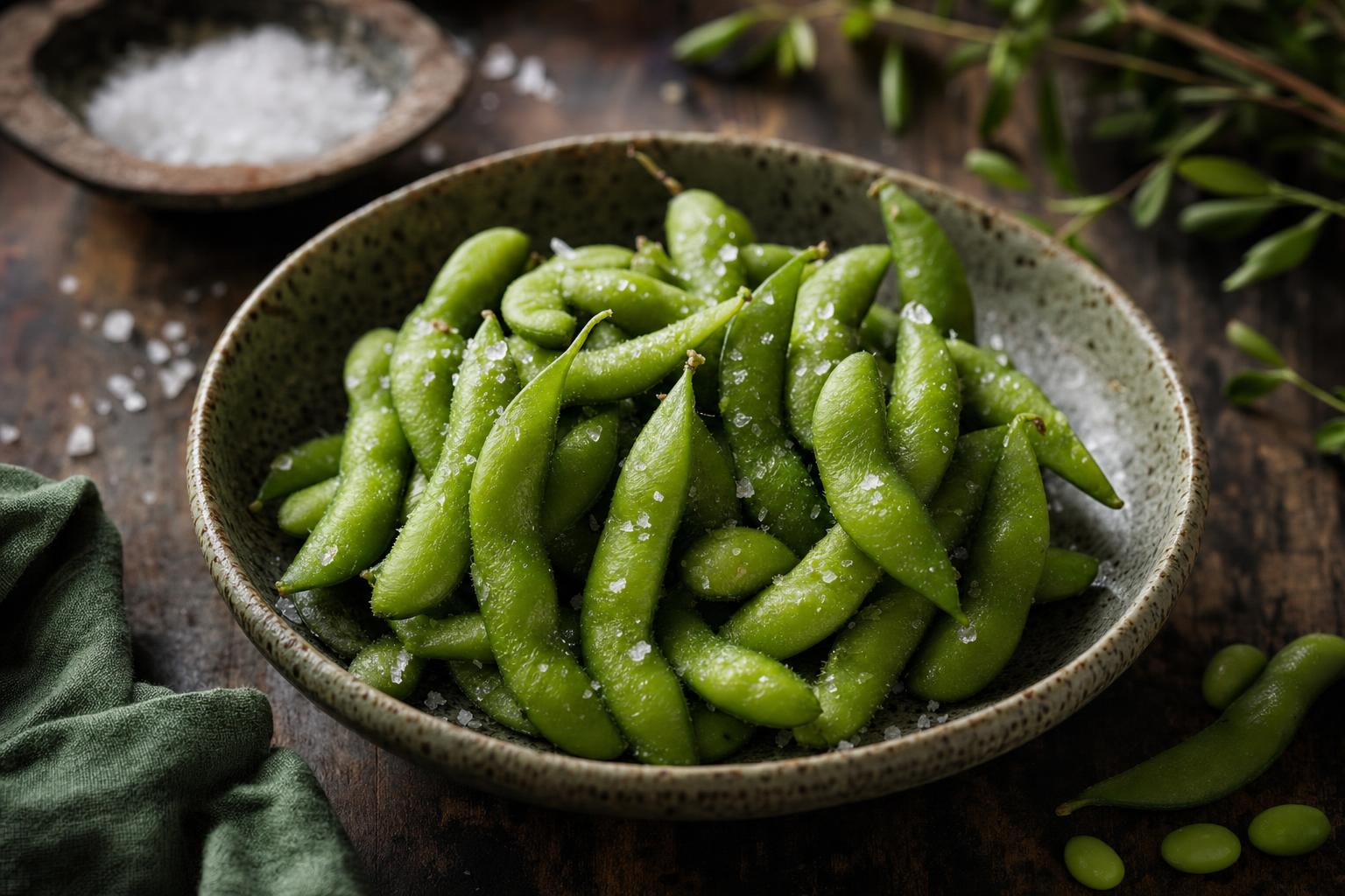 Keramikschale mit frischen, grünen Edamame-Schoten auf Bambusmatte, leicht mit Meersalz bestreut.