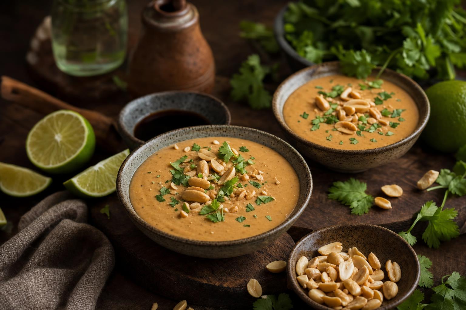 Zwei Schalen cremiger Erdnuss-Sauce, garniert mit Erdnüssen und Kräutern, umgeben von Limette, Erdnüssen, Sojasauce und frischen Kräutern.