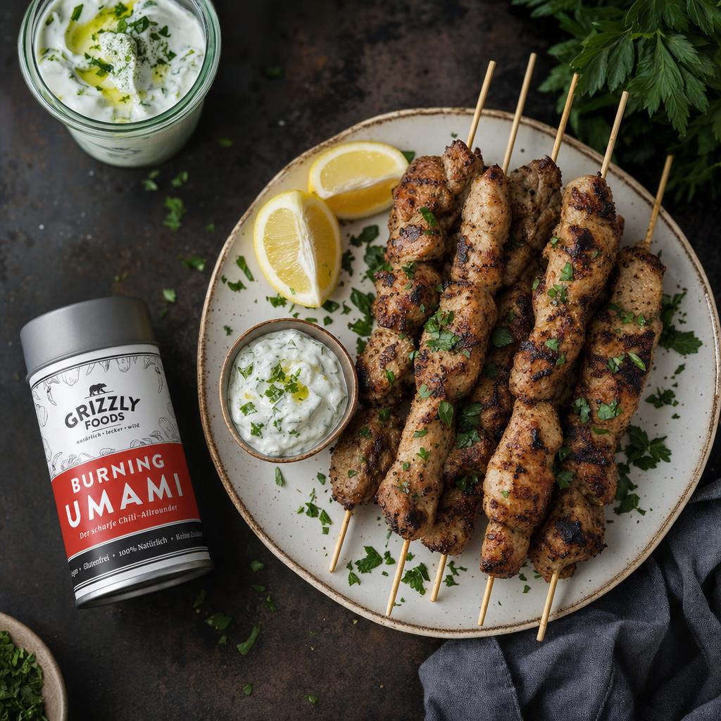 Gegrillte Souvlaki-Spieße auf weißem Teller mit Petersilie, Zitronenspalten und Tzatziki, daneben rustikaler Holztisch.