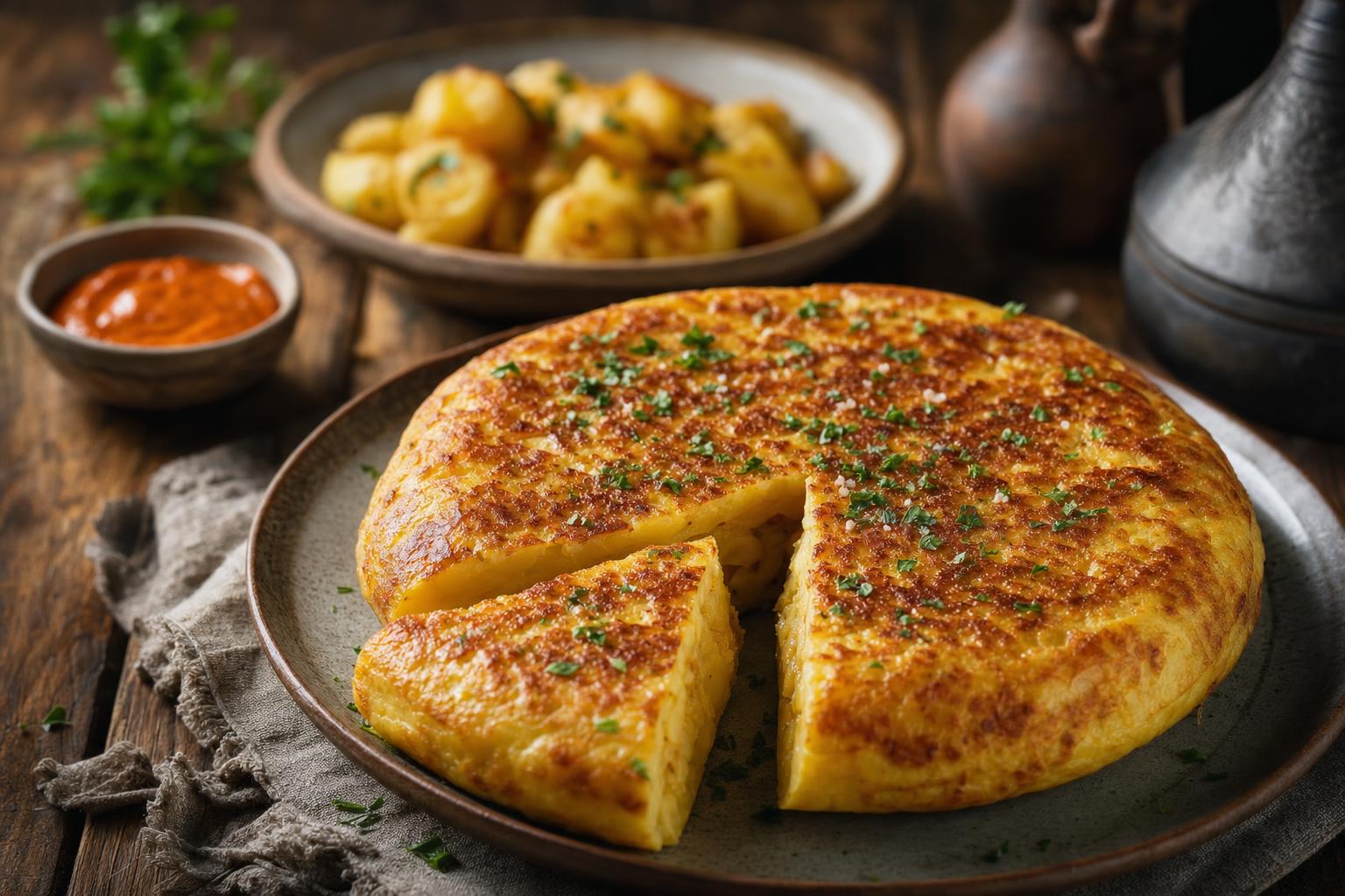 Spanische Tortilla mit goldbrauner Kruste, dicken Kartoffel-Ei-Schichten, frischen Kräutern, dazu Kartoffelstücke und Sauce auf Holztisch.