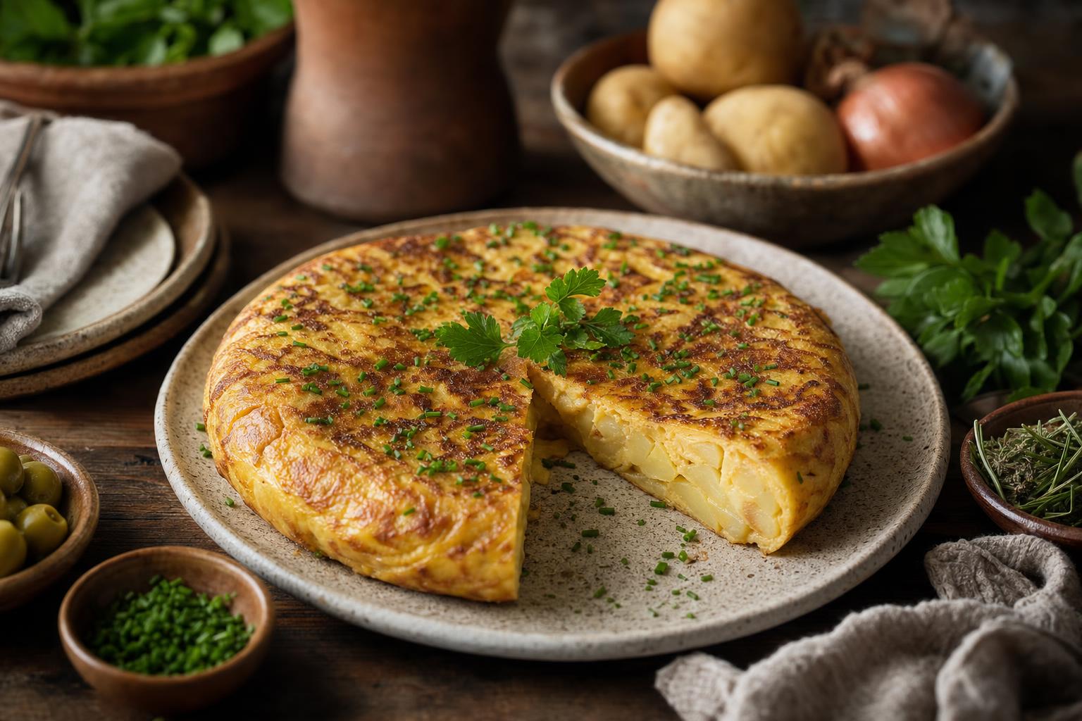 Spanische Kartoffel-Tortilla auf einem rustikalen Teller, angeschnitten, goldbraun, mit frischen Kräutern garniert, umgeben von Keramikgesch