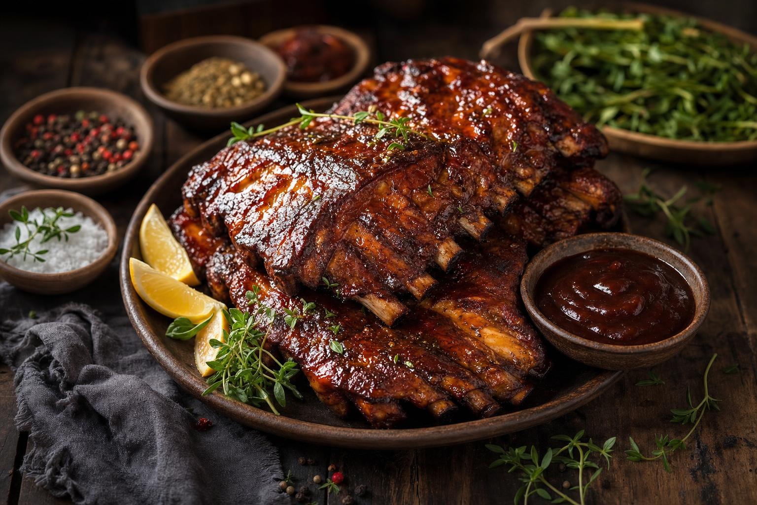Ein Stapel glasierter, saftiger Spareribs auf Holzplatte mit Barbecuesoße, frischen Kräutern, Zitronenspalten und Gewürzschälchen.