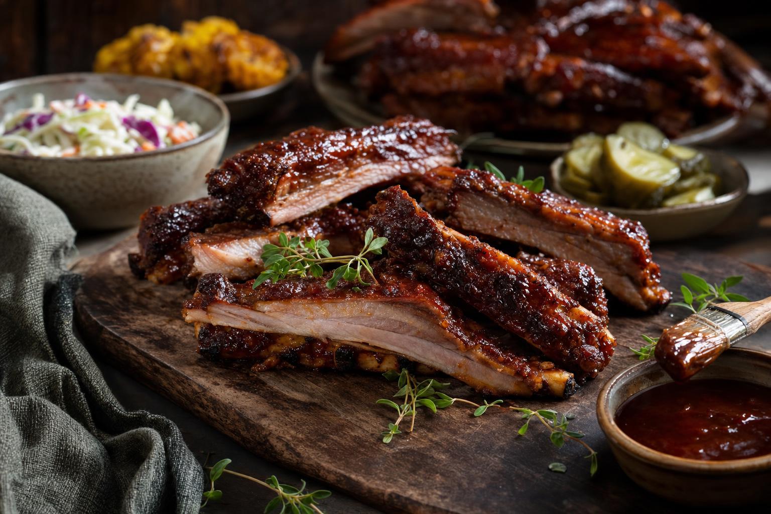 Saftige, glasierte Spareribs auf Holzbrett mit Barbecuesauce und frischen Kräutern, im Hintergrund weitere Rippchen und Saucen.