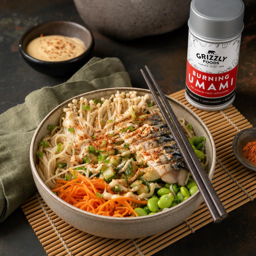 Japanische Bowl mit Makrelenfilet, Karotten, Gurke, Edamame, Enoki-Pilzen auf Nudeln, Miso-Mayo und scharzem Gewürz, dazu Stäbchen