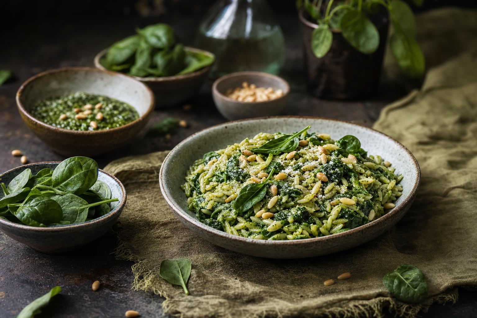 Pasta mit grünem Spinatpesto, garniert mit geriebenem Parmesan und frischen Basilikumblättern auf einem weißen Teller.