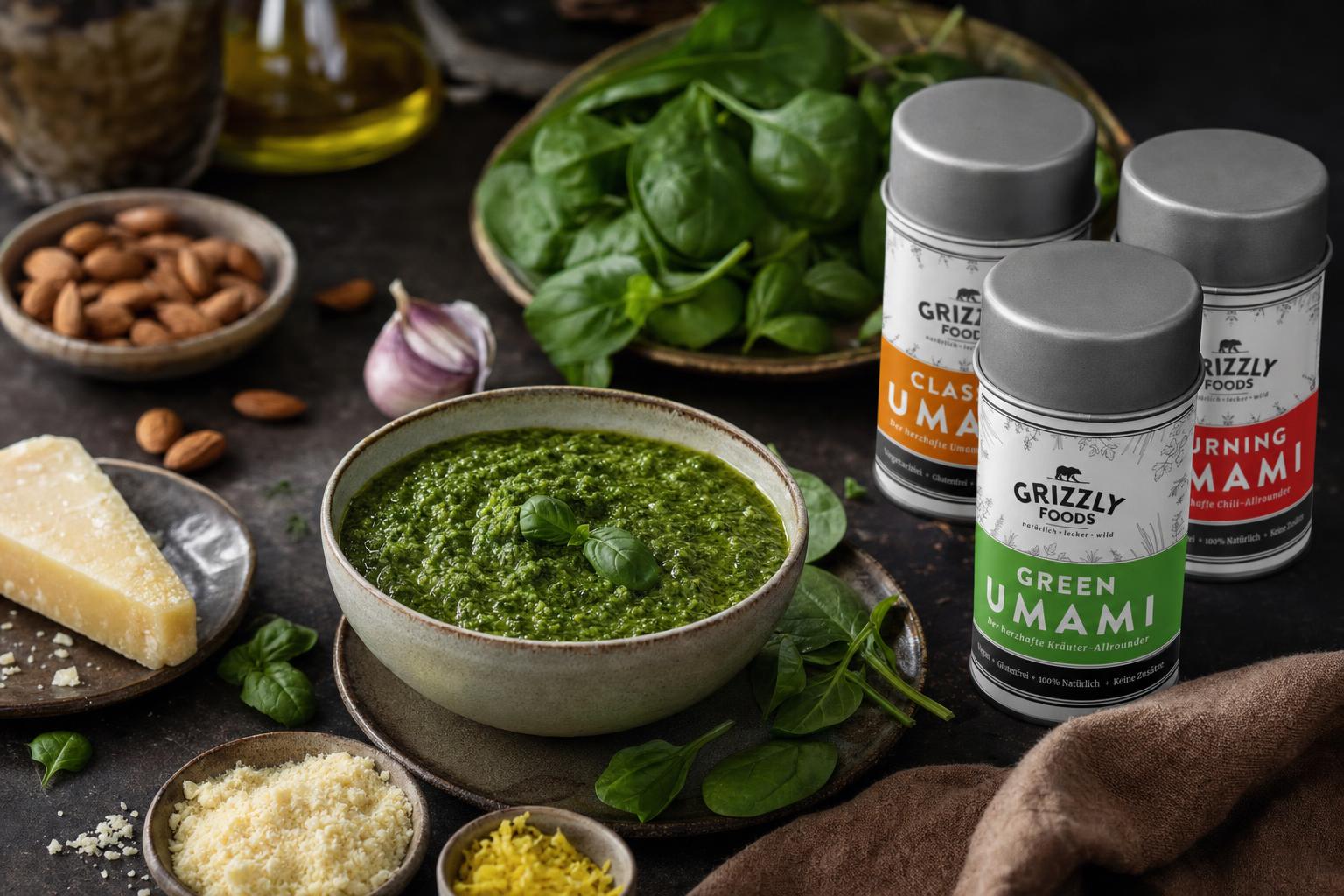 Grünes Spinat-Pesto in einem Glas, daneben frische Spinatblätter, Mandeln und geriebener Parmesan auf einem hellen Untergrund.