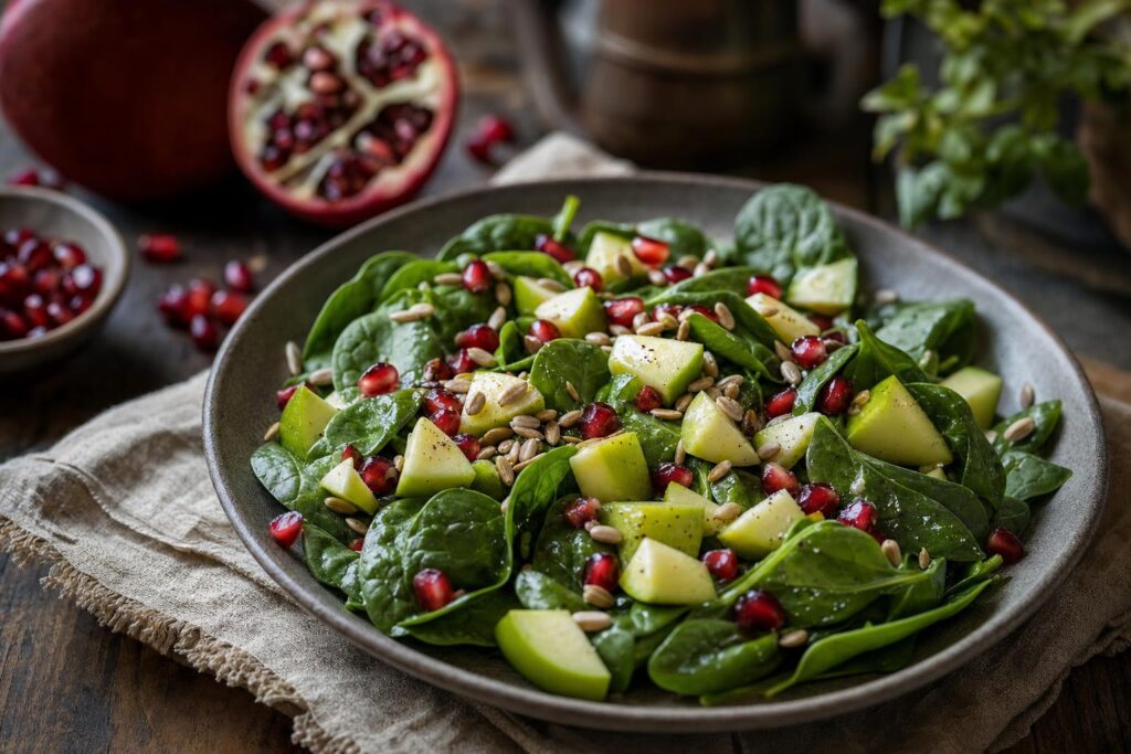 Spinatsalat in einer Schüssel mit grünen Apfelstücken, roten Granatapfelkernen und Sonnenblumenkernen, im Hintergrund ein halber Granatapfel