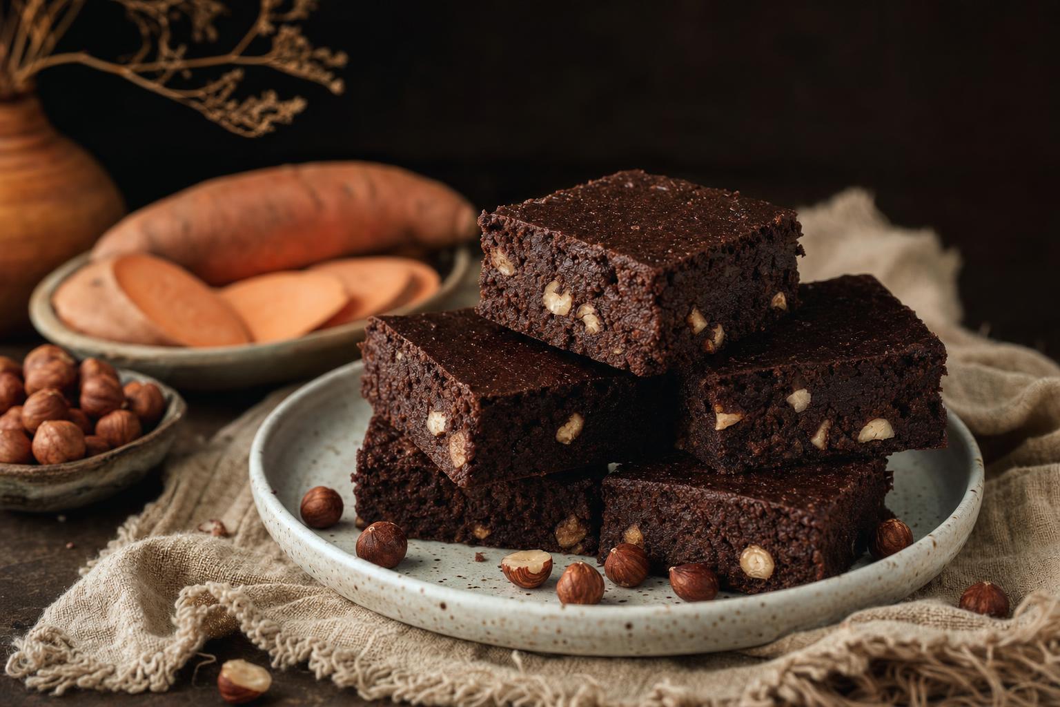 Ein Stapel saftiger Schoko-Brownies mit Nussstücken auf einem Keramikteller, umgeben von Haselnüssen auf beigem Stoff.