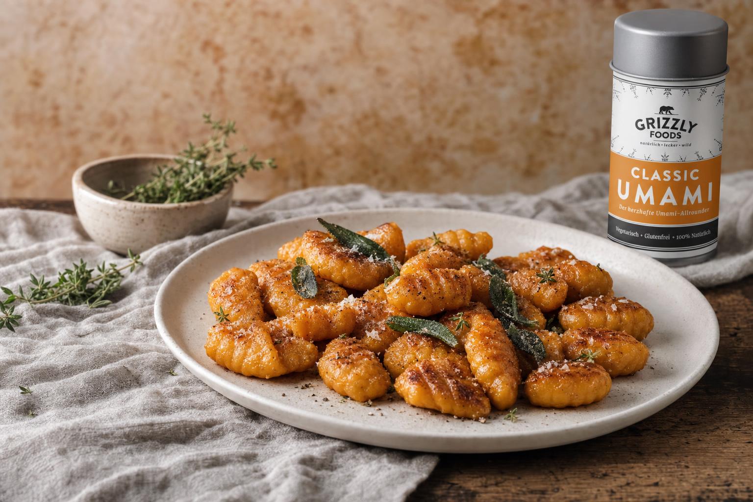 Goldbraune Süßkartoffel-Gnocchi auf weißem Teller, angerichtet vor hellem Hintergrund, weiche Beleuchtung betont die Textur.
