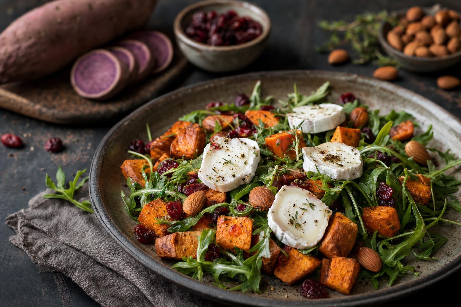 Salat mit gerösteten Süßkartoffelwürfeln, Ziegenkäse, Cranberrys, Mandeln und Rucola auf einem Keramikteller, dekorativ angerichtet.