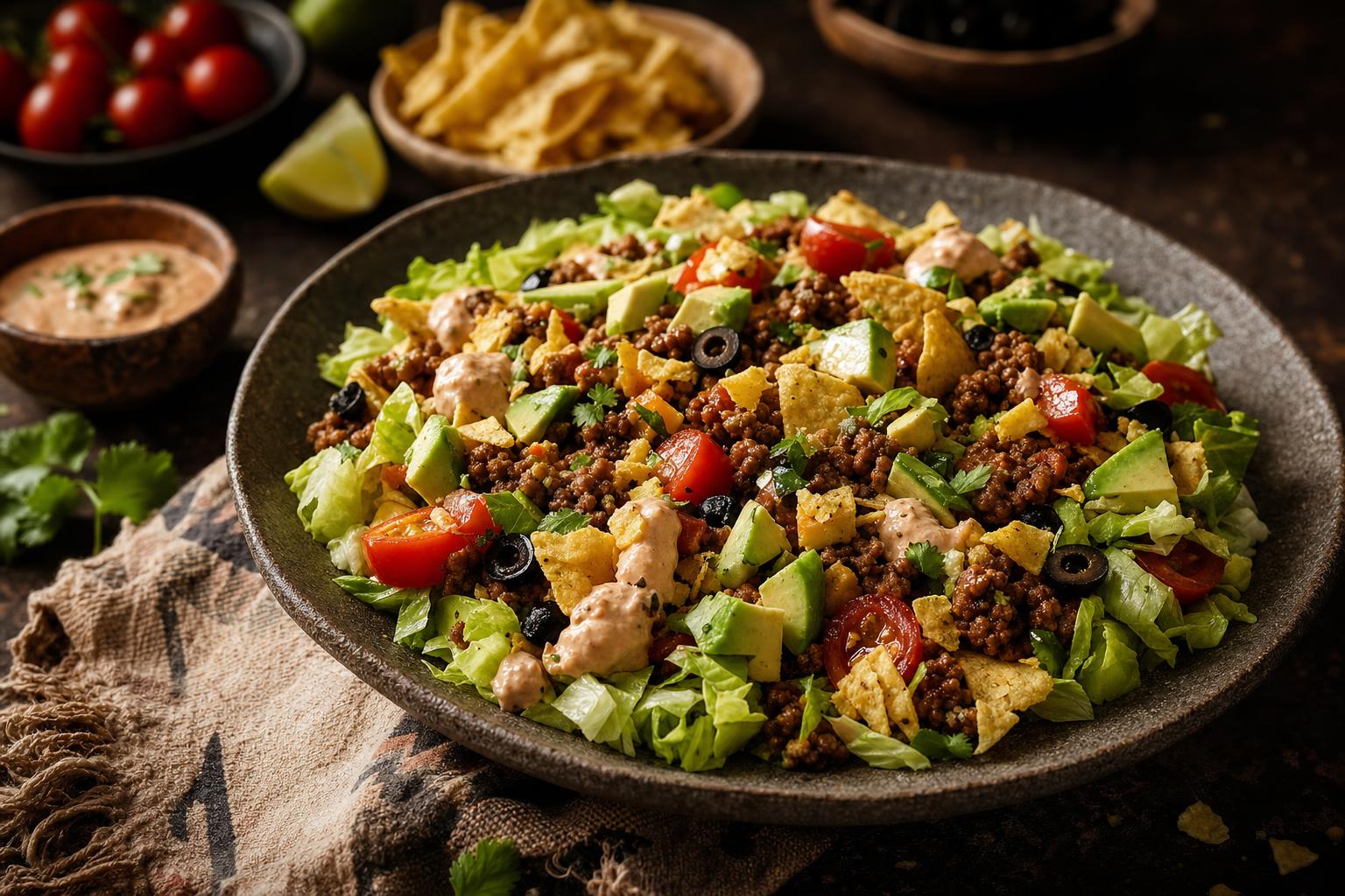Taco Salat mit Eisbergsalat, Kirschtomaten, schwarzen Oliven, Avocado, Tortillachips, gewürztem Hackfleisch und cremigem Dressing.