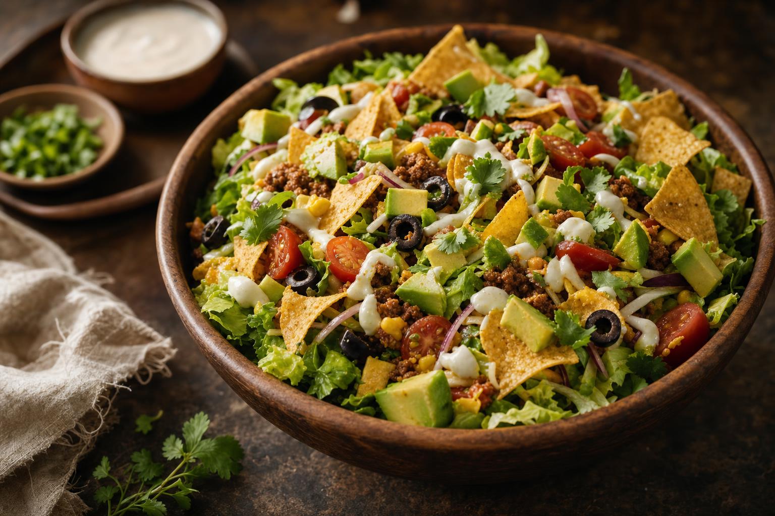 Taco Salat mit knusprigen Tortillachips, frischem Salat, Avocado, Tomaten, schwarzen Oliven und cremigem Dressing in einer Holzschale.