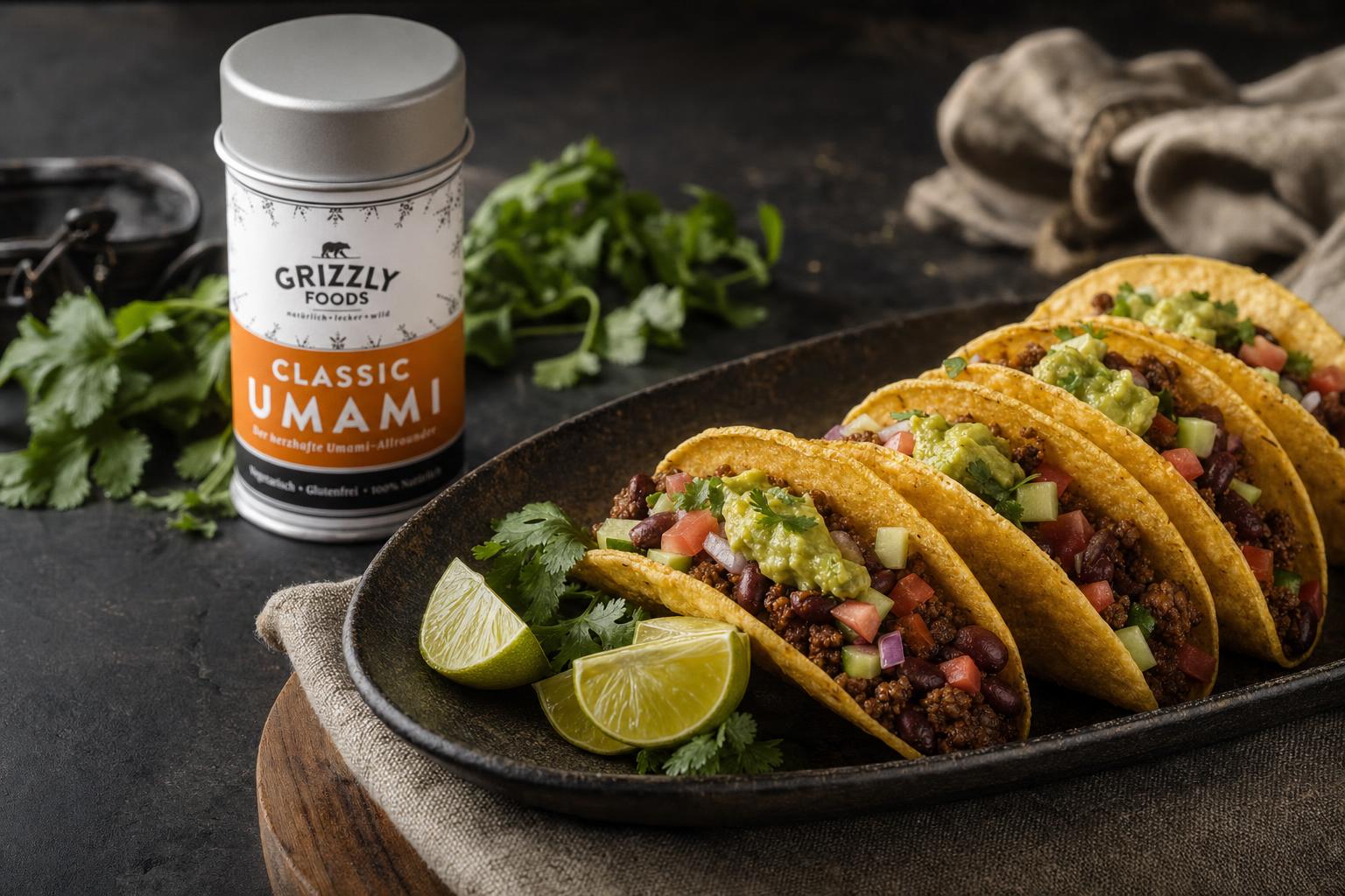 Neun knusprige Tacos mit würzigem Hackfleisch, Kidneybohnen, Tomaten, Gurken, roten Zwiebeln und Guacamole auf einem Blech mit Limetten.
