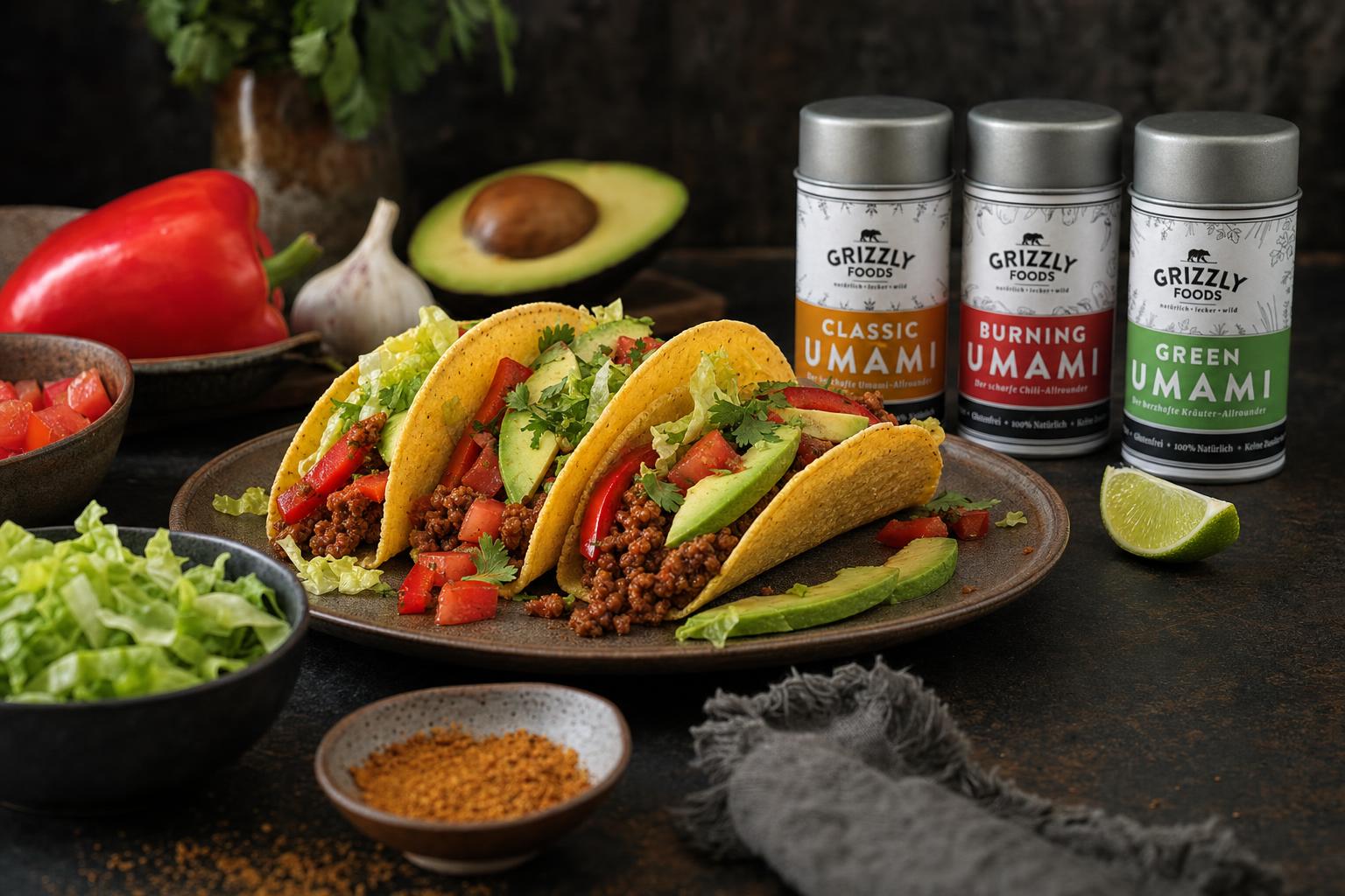 Drei knusprige Tacos gefüllt mit würzigem Hackfleisch, Paprikastreifen, Tomatenwürfeln und Avocadoscheiben auf einem Teller.