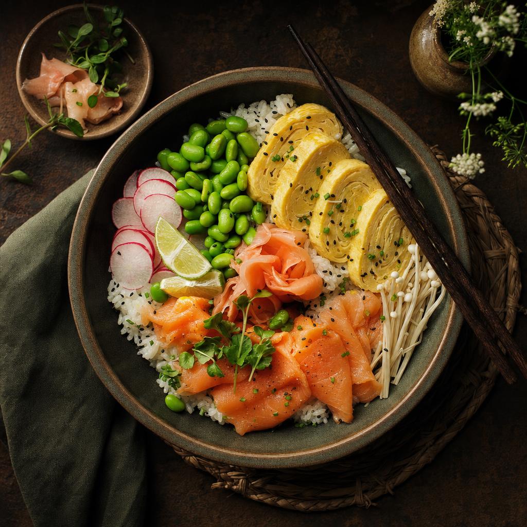 Schale mit Sushi-Reis, Tamagoyaki, Räucherlachs, Edamame, Radieschen, Enoki-Pilzen, Limettenspalten, Kräutern und Sesam, dazu Stäbchen.