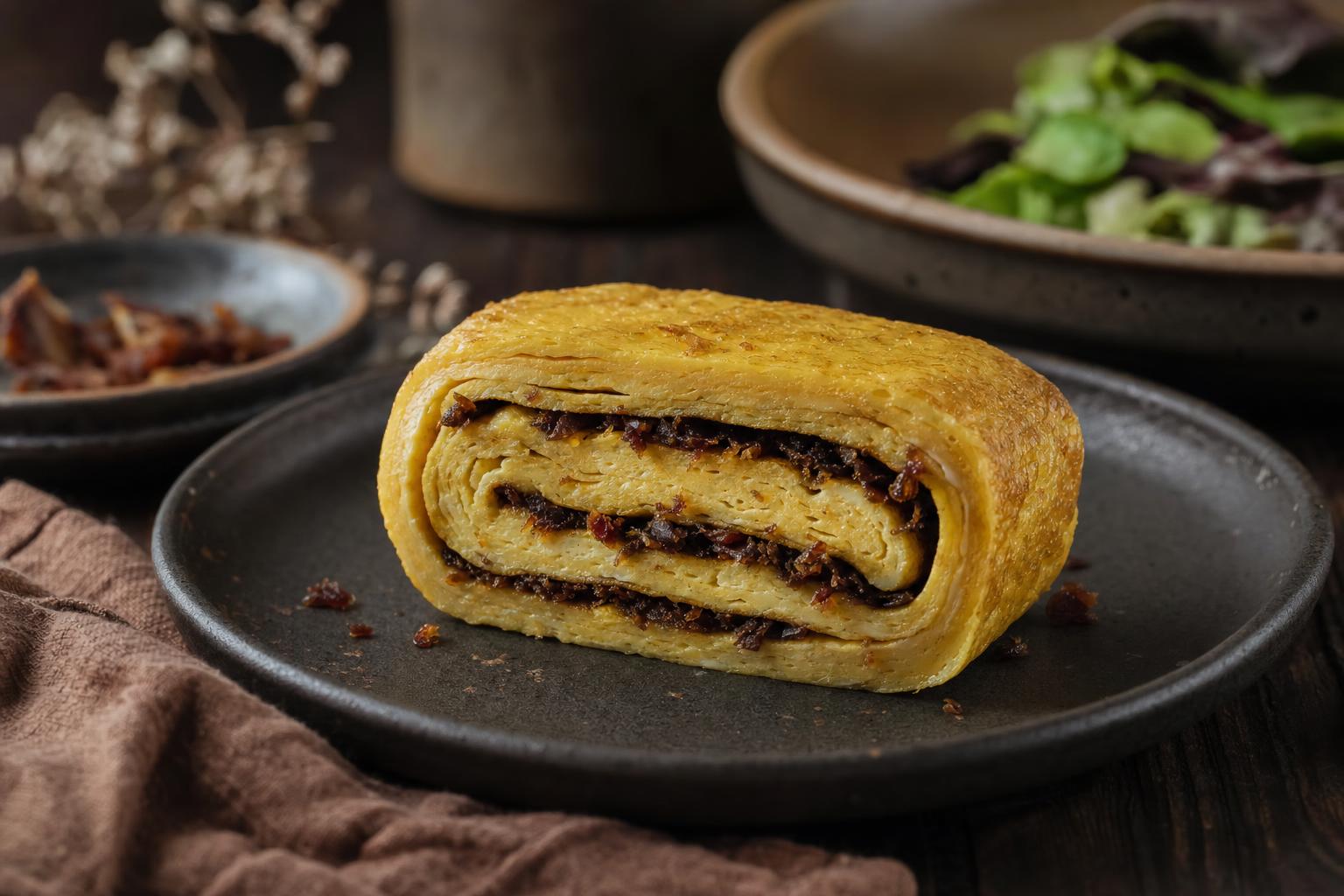 Tamagoyaki – Tamagoyaki-Rolle mit feiner Trockenfleischfüllung, die zwischen den gelben Eierlagen sichtbar ist, Nahaufnahme