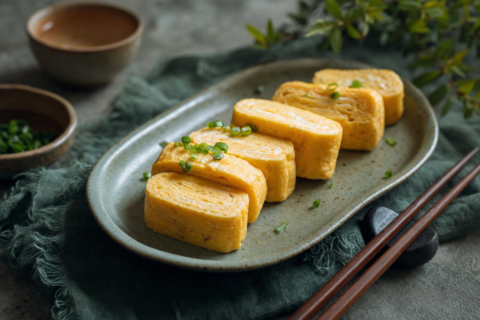 Tamagoyaki – In Scheiben geschnittenes Tamagoyaki-Omelett mit sichtbaren Schichten auf Keramikteller, daneben Essstäbchen, Tageslicht