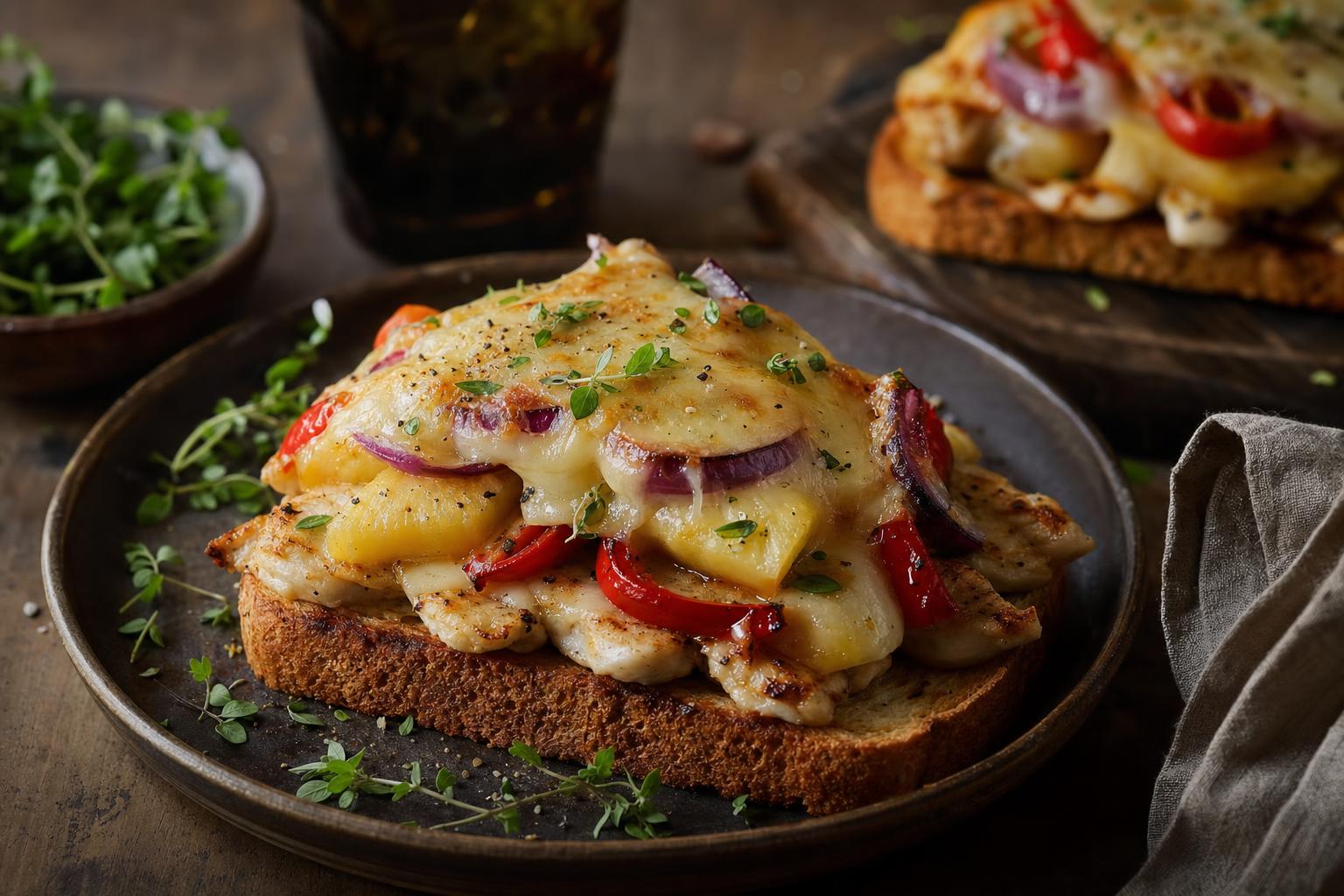 Toast Hawaii – Getoastetes Brot mit gegrillter Hähnchenbrust, Ananas, gerösteter Paprika, roten Zwiebeln und geschmolzenem Käse, garniert mit frischen Kräu
