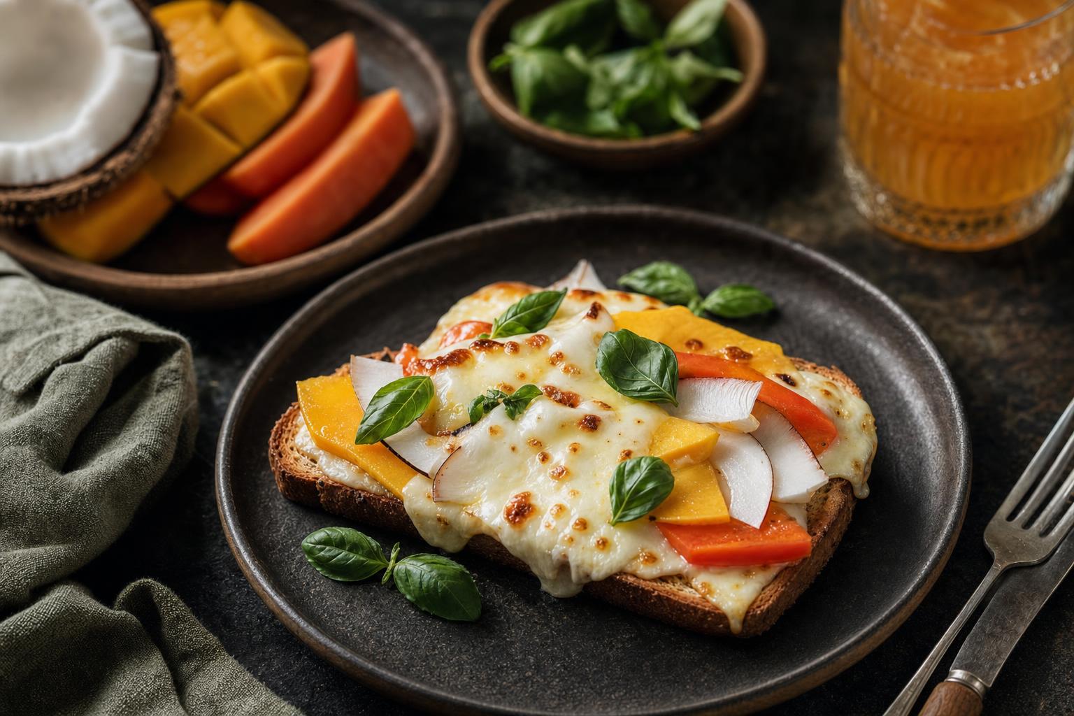 Toast Hawaii – Getoastetes Brot mit geschmolzenem Mozzarella, Mango-, Papaya- und Kokosscheiben, garniert mit frischem Basilikum auf dunklem Teller.