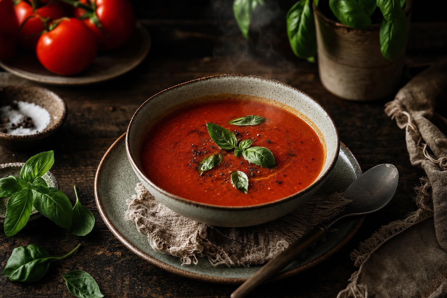Schale mit heißer Tomatensuppe, garniert mit frischem Basilikum, auf einem rustikalen Holztisch in dunkler Atmosphäre.