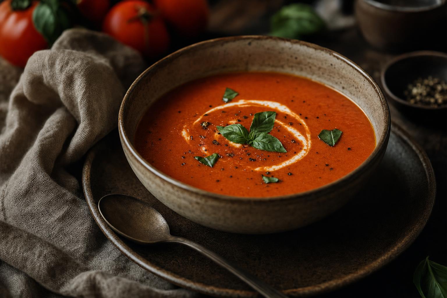 Cremige Tomatensuppe mit Basilikum garniert in einer braunen Schale, fotografiert vor dunklem Hintergrund