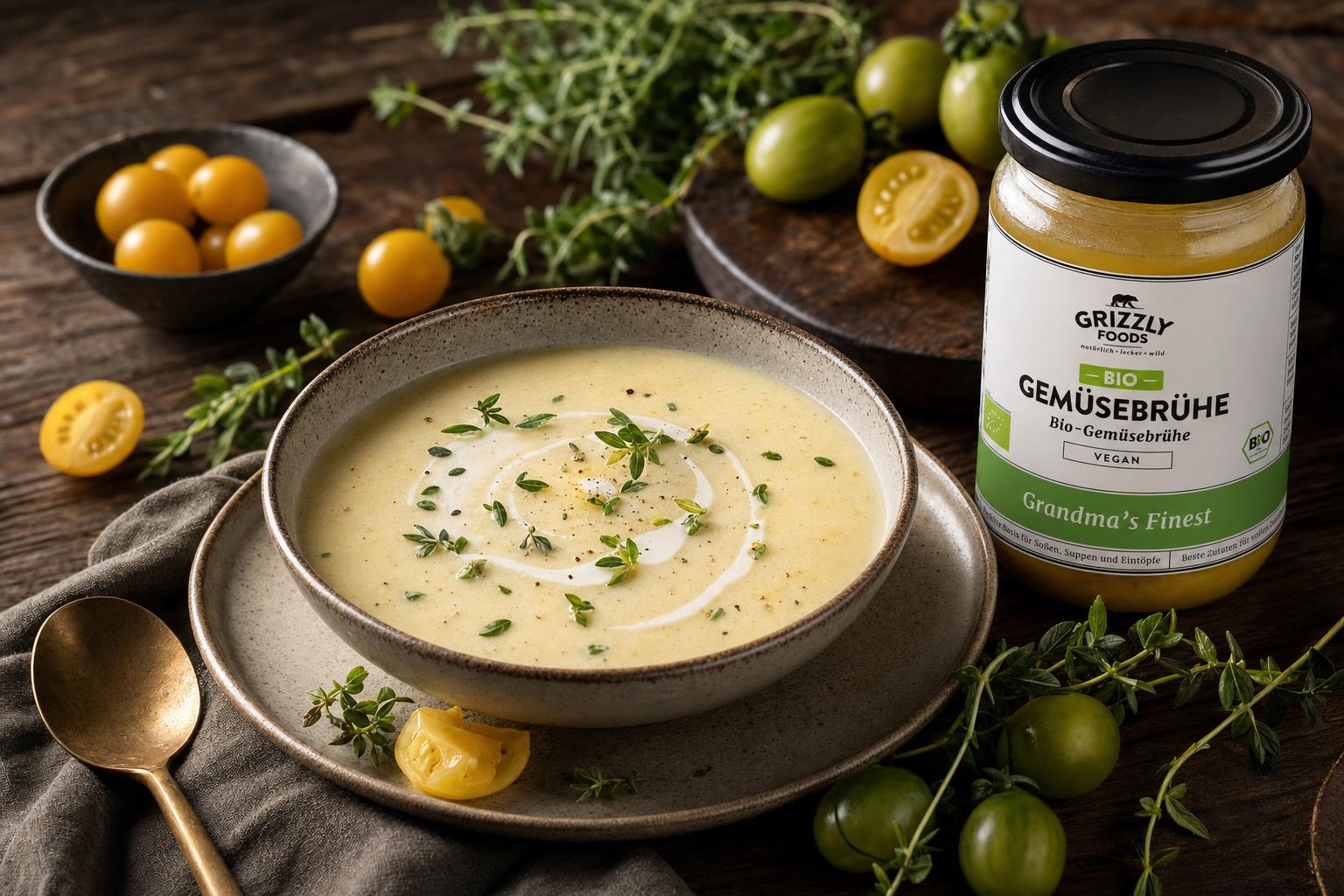 Schale mit cremiger weißer Tomatensuppe, verziert mit Sahne und frischen Kräutern, umgeben von gelben und grünen Tomaten auf Holztisch.