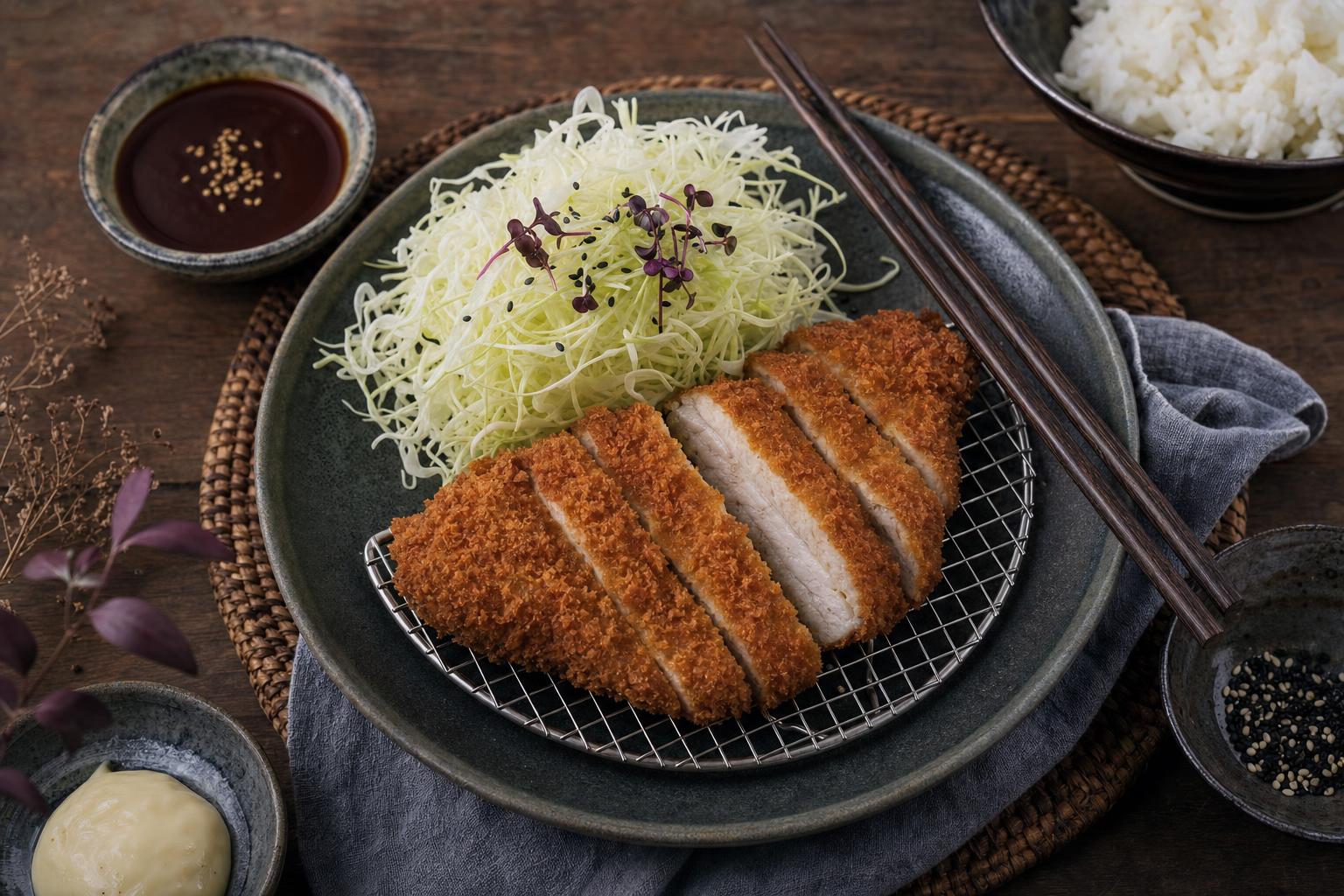 In Scheiben geschnittenes, paniertes Schweineschnitzel mit feinem Weißkohl auf einem Teller, dazu dunkle Essstäbchen.