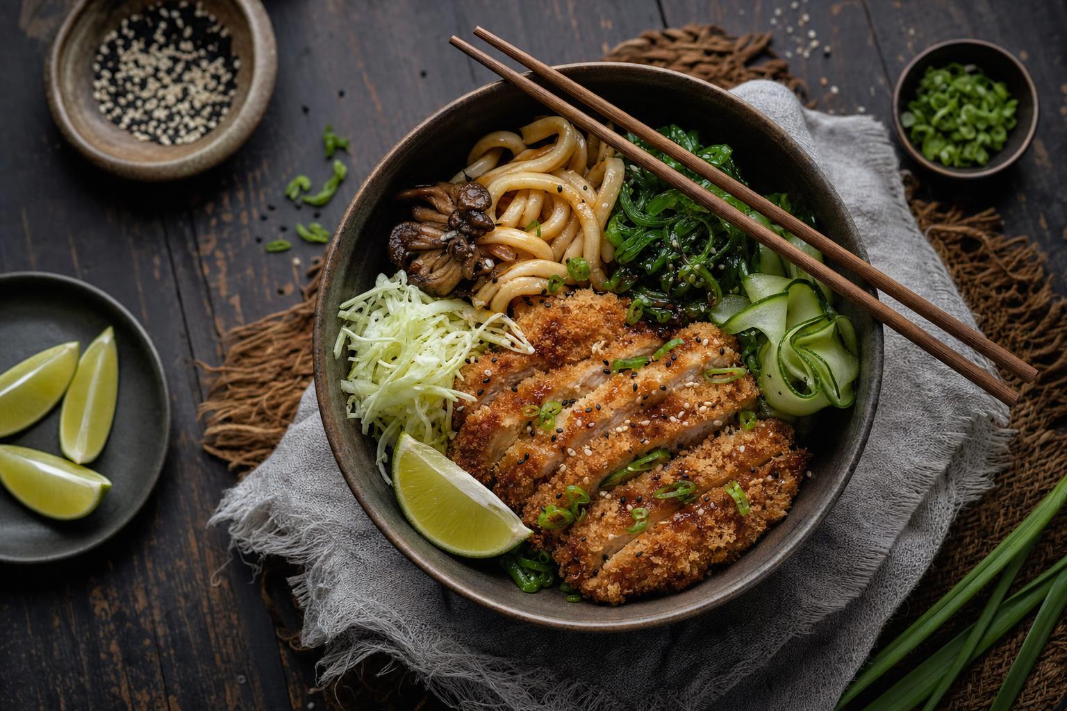 Schüssel mit geschnittenem Tonkatsu-Schnitzel, Udon-Nudeln, Gemüse, Pilzen und Wakame-Salat, garniert mit Limetten und Kräutern.