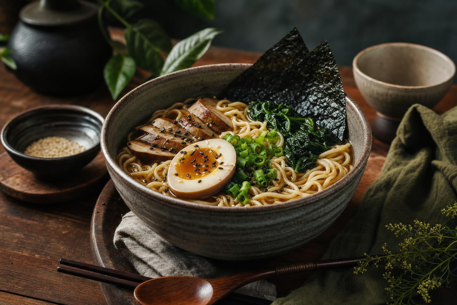 Ramen Restaurants – Verschiedene Schalen mit Ramen, garniert mit Ei, Gemüse und Fleisch, stehen auf einem Holztisch.