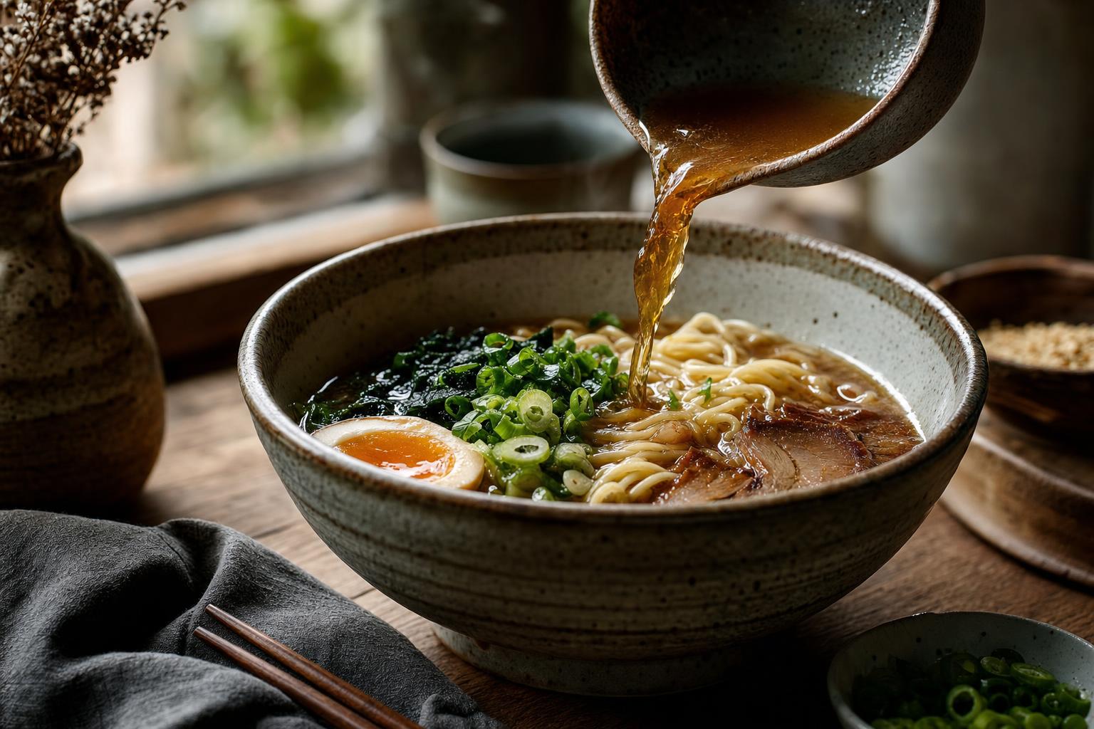 Koch bereitet Ramen zu, Nudeln und Brühe werden in einer Schüssel angerichtet, frische Zutaten wie Frühlingszwiebeln und Ei sichtbar