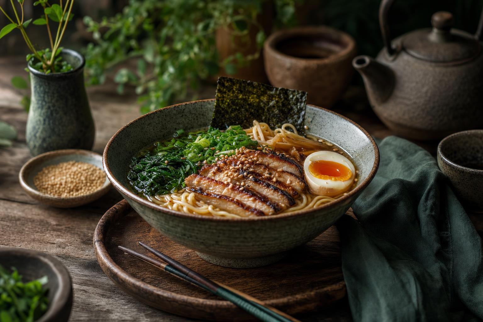 Ramen Restaurants – Verschiedene Ramen-Schalen mit Brühe, Nudeln, Ei, Fleisch und Gemüse auf einem gedeckten Tisch angerichtet