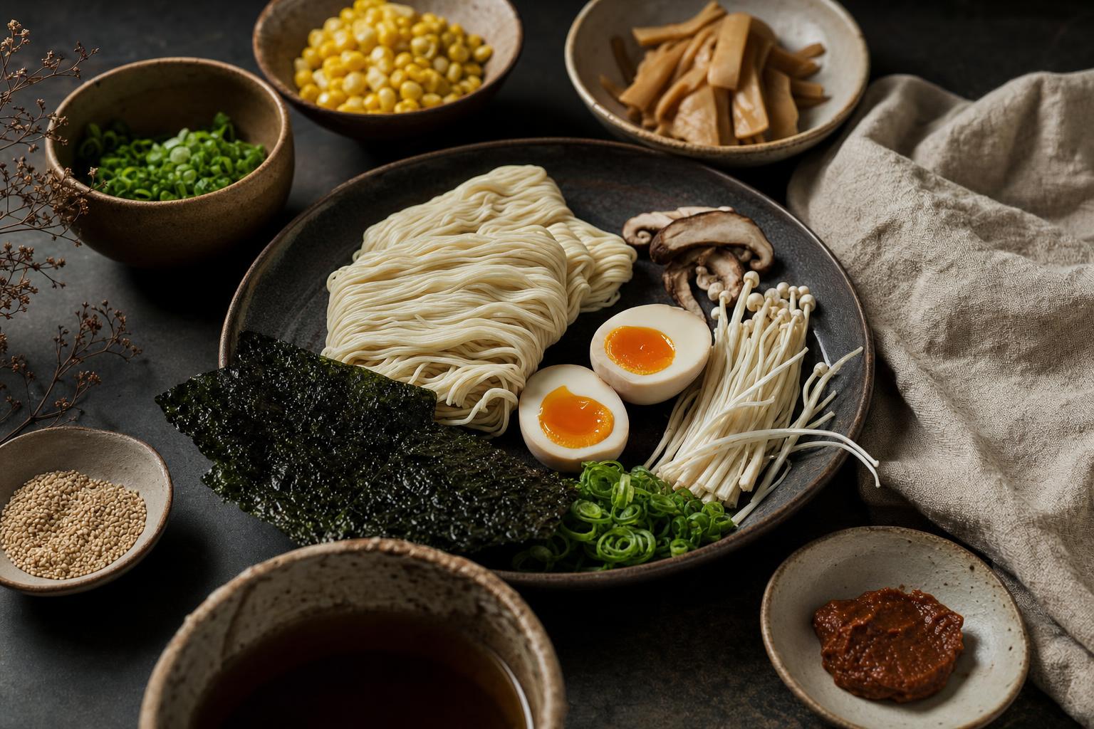 Ramen Restaurants – Verschiedene Ramen-Zutaten wie Nudeln, Frühlingszwiebeln, Ei, Pilze und Brühe nebeneinander auf weißem Untergrund angeordnet