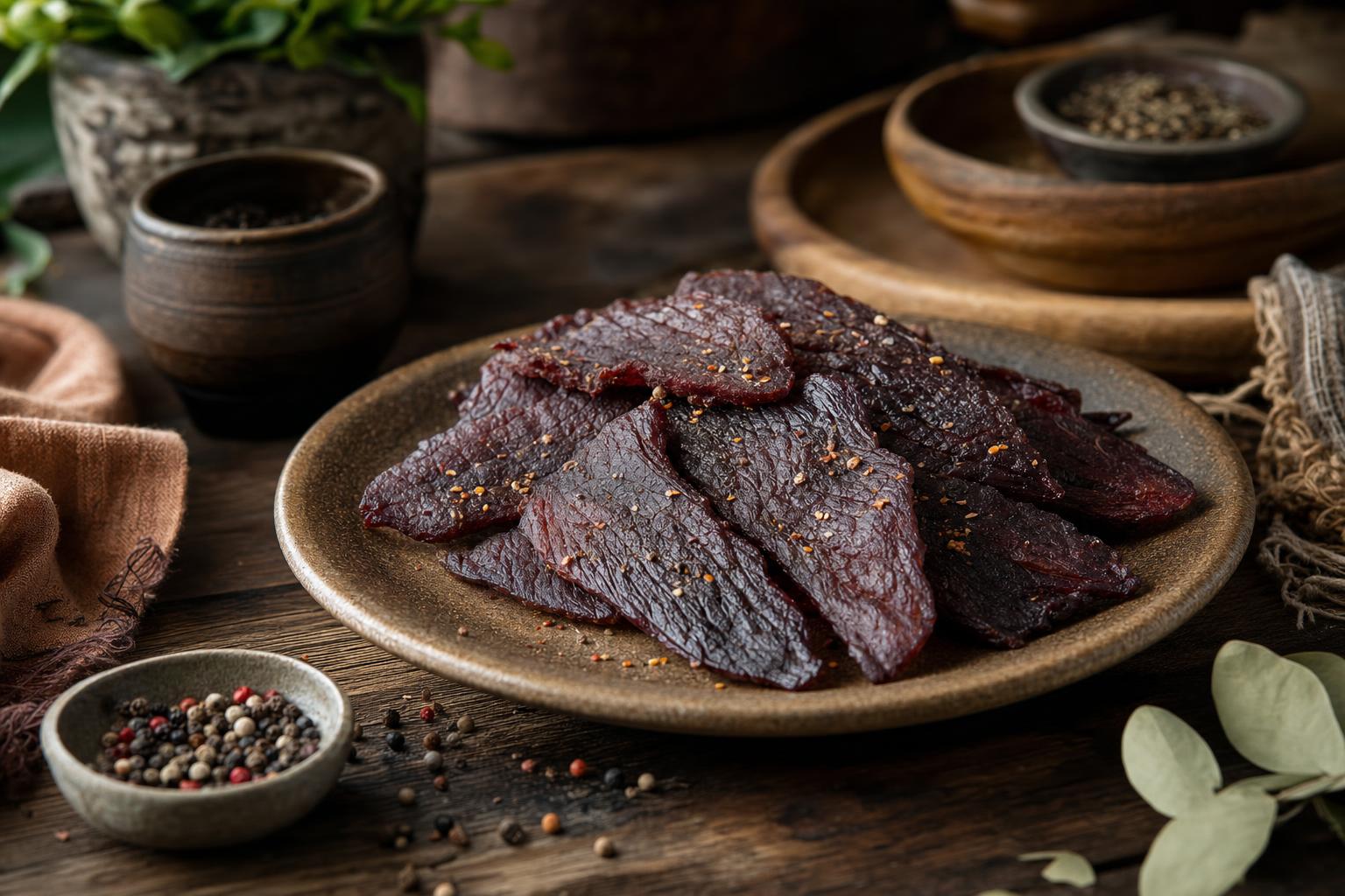 Airfryer Beef Jerky – Dünne Streifen getrocknetes Rindfleisch liegen auf einem Holztisch, goldbraun und knusprig angerichtet.