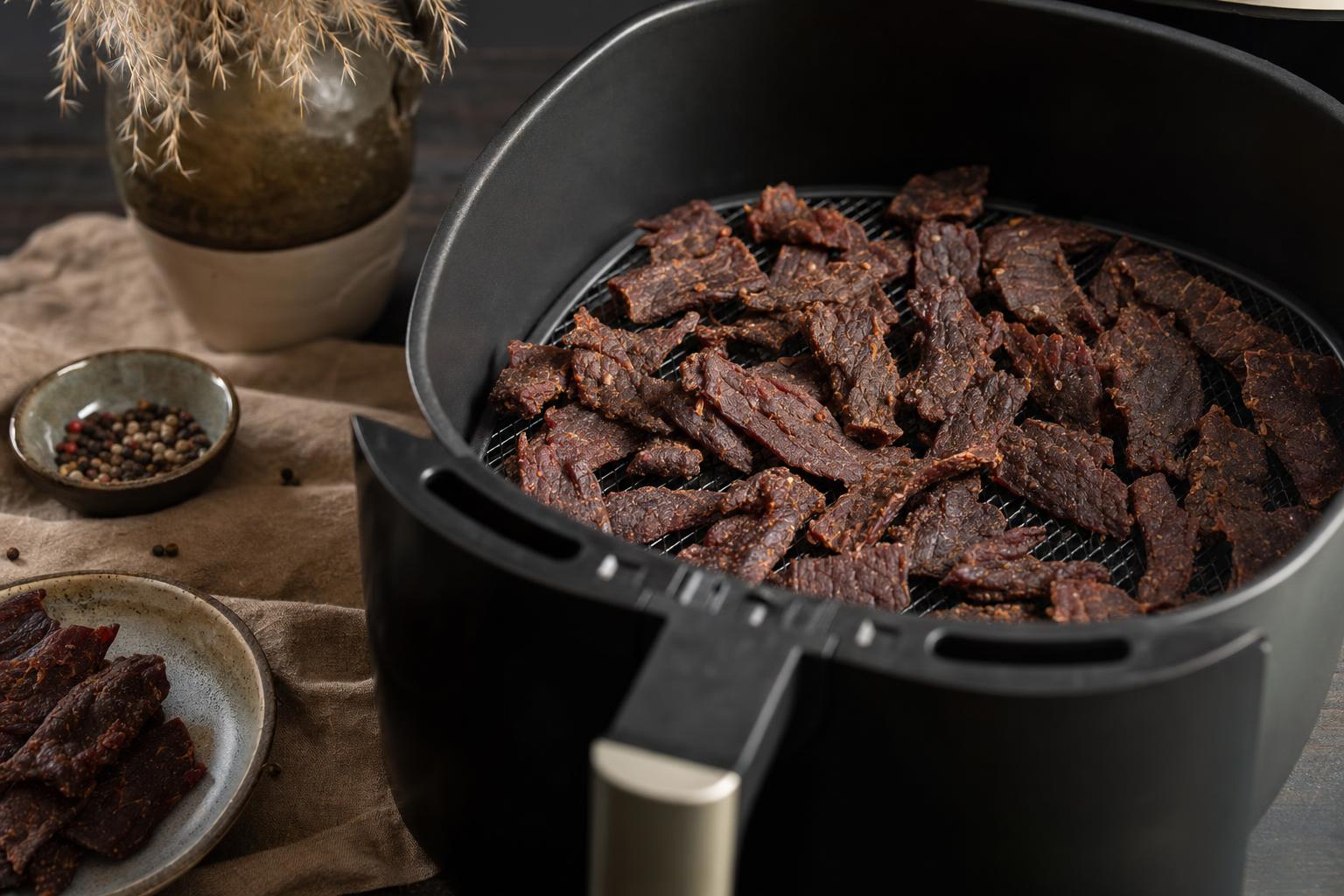 Dünne Rindfleischstreifen auf einem Airfryer-Gitter, leicht gebräunt, bereit zum Trocknen, aufgenommen bei Tageslicht