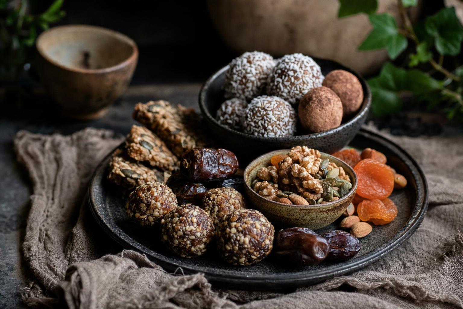 Alternativen zu Proteinriegeln – Verschiedene Snacks wie Nüsse, Trockenfrüchte, Joghurt mit Beeren und ein Glas Milch auf einem Holztisch arrangiert