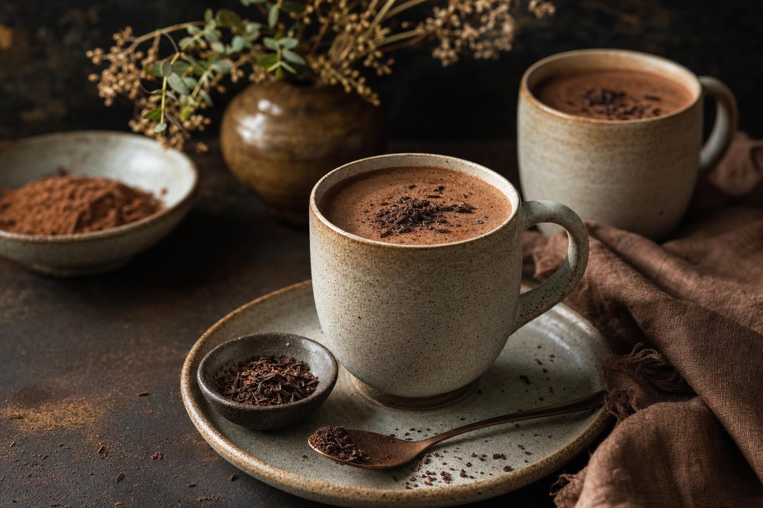 Bone Broth Hot Chocolate – Eine Tasse heiße Schokolade mit cremigem Schaum, serviert auf einem Holztisch, daneben ein Löffel und Kakaopulver.