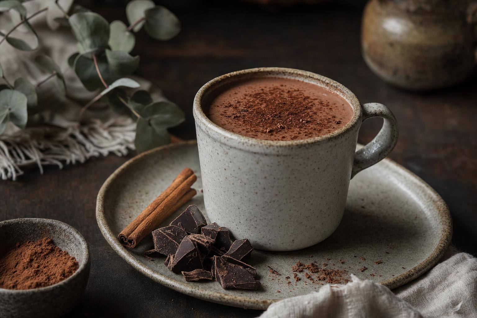 Bone Broth Hot Chocolate – Tasse heiße Schokolade mit cremigem Schaum, daneben ein Löffel, auf einem hellen Holztisch serviert.