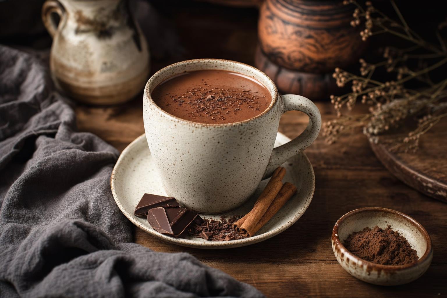 Bone Broth Hot Chocolate – Eine Tasse heiße Schokolade mit cremigem Schaum, serviert auf einem Holztisch, daneben ein Löffel und Kakaopulver.