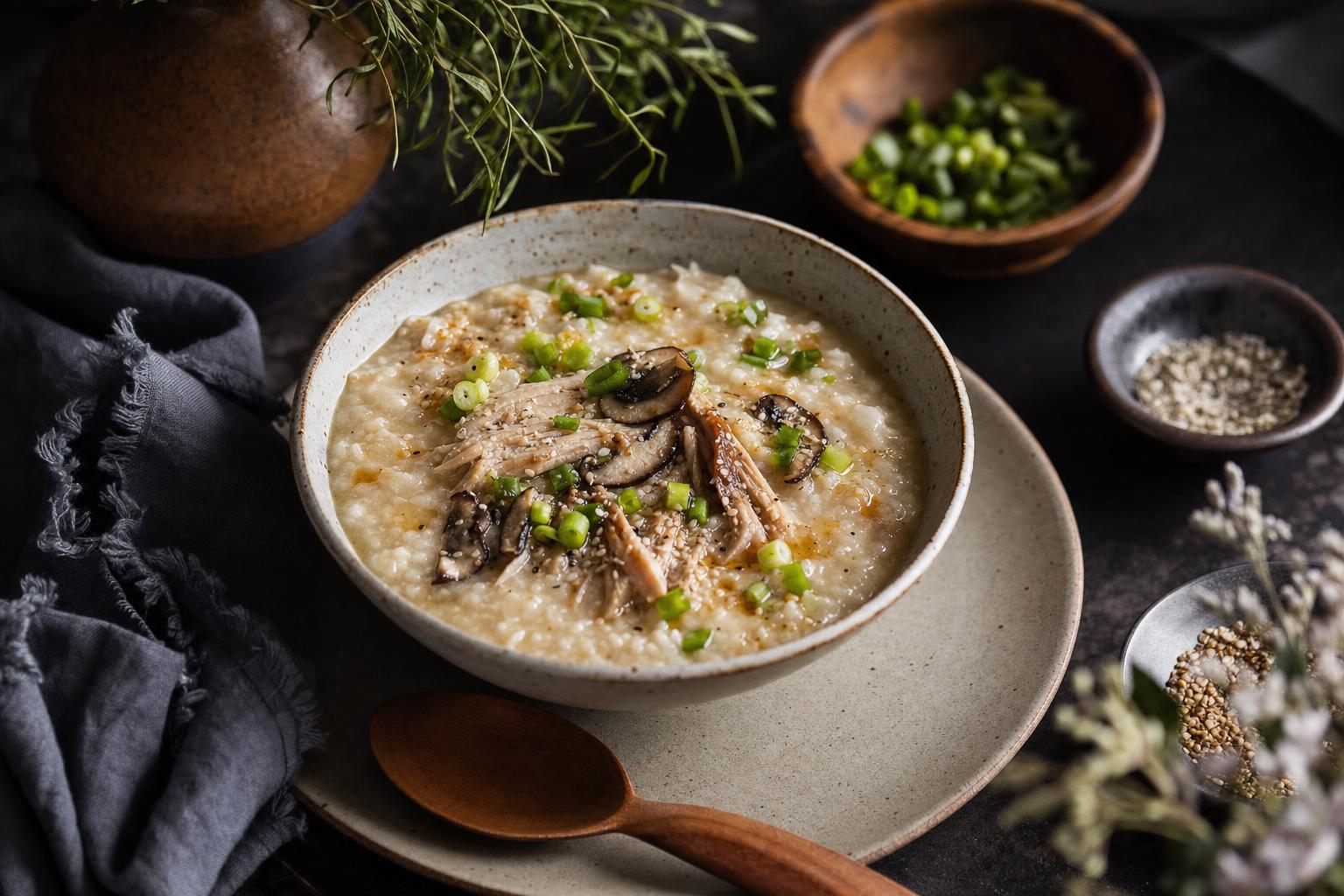 Bone Broth Porridge – Cremiges Porridge in einer Schale, garniert mit frischen Kräutern und Samen, daneben ein Löffel auf einem hellen Untergrund.