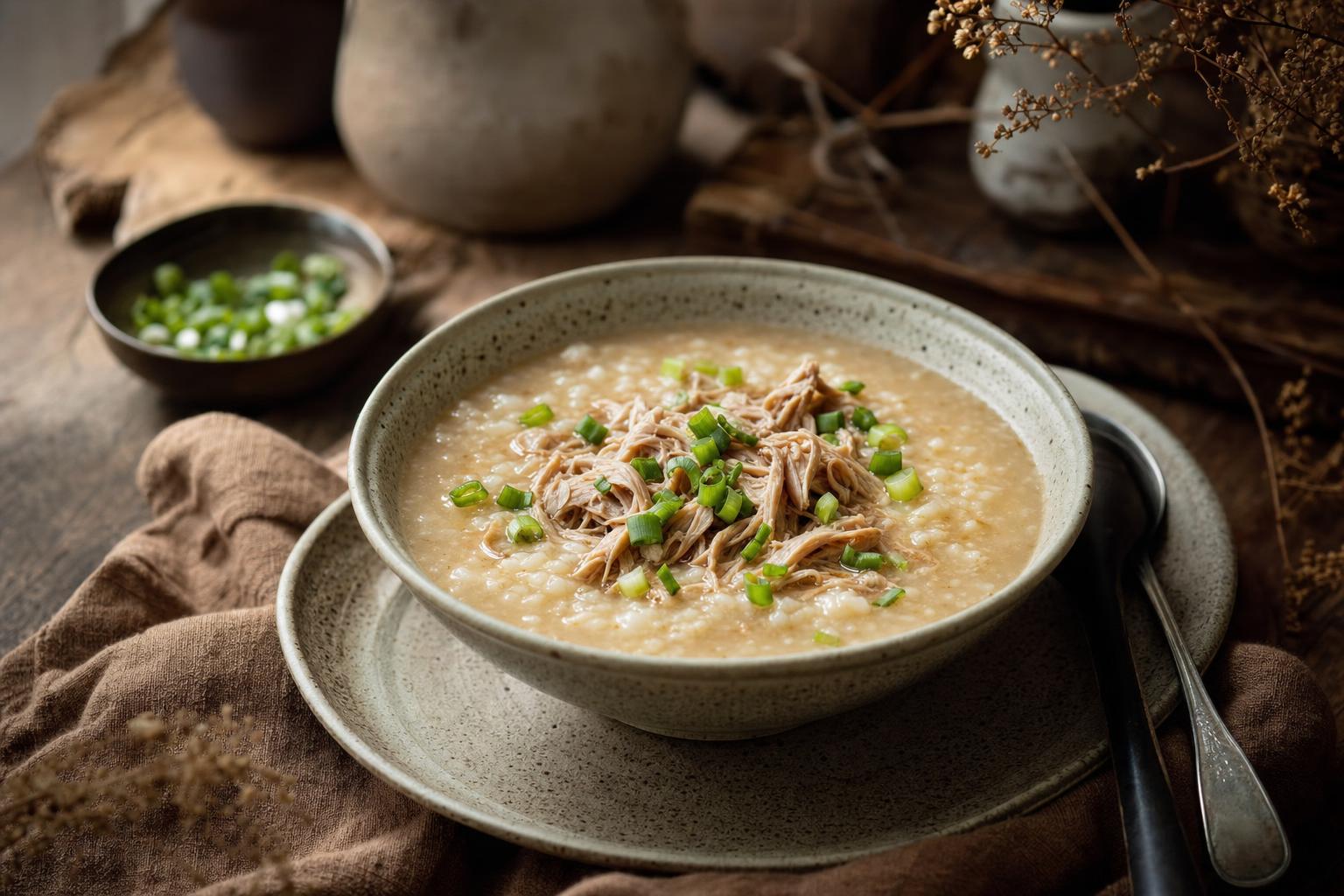 Bone Broth Porridge – Cremiges Porridge in einer Schale, garniert mit frischen Kräutern und Sesam, serviert auf einem hellen Holztisch.