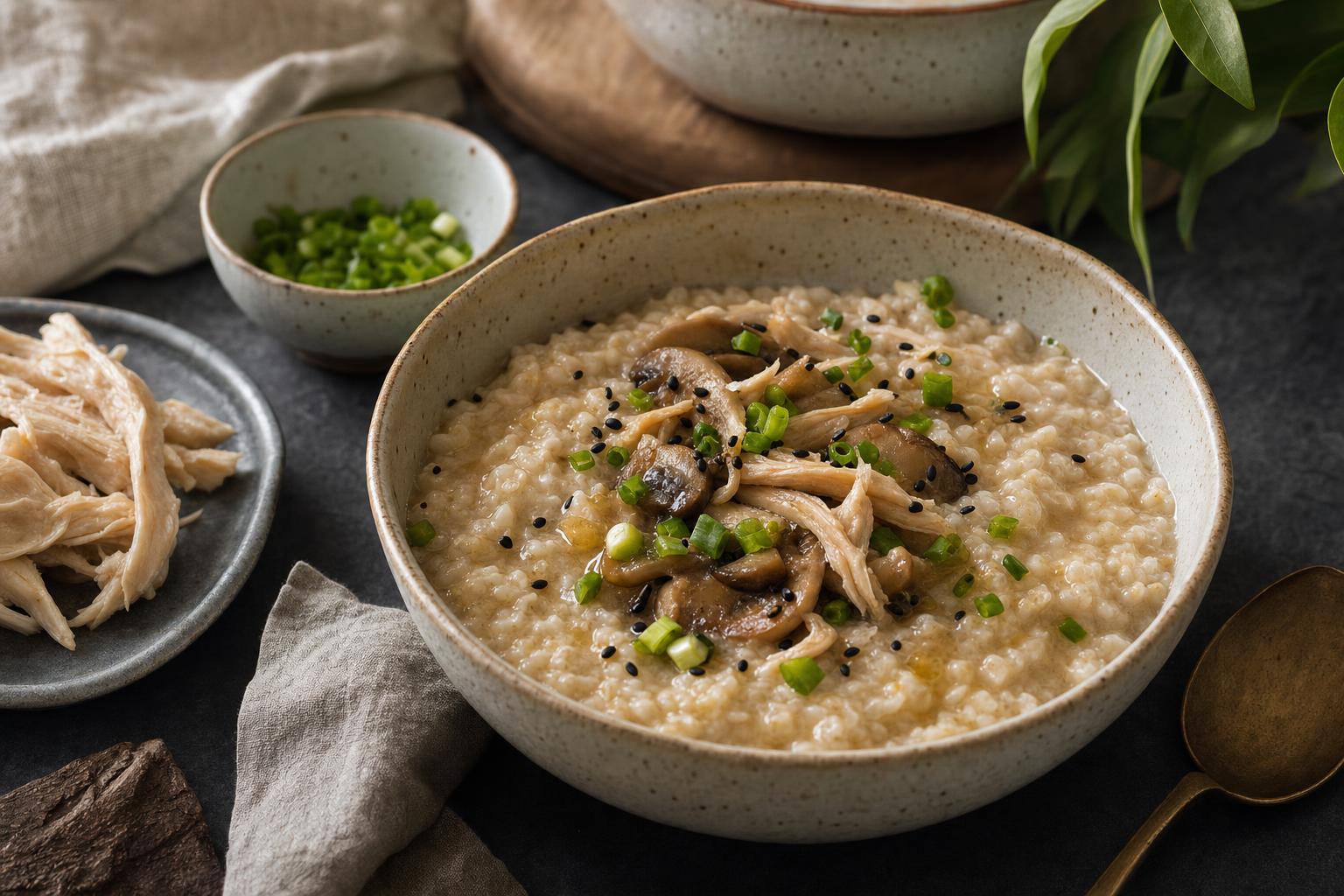 Bone Broth Porridge – Cremiges Porridge in einer Schale, garniert mit frischen Kräutern und Sesam, serviert auf einem hellen Holztisch.