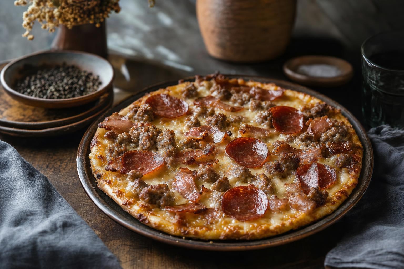 Carnivore Pizza – Pizza mit knusprigem Boden, belegt mit verschiedenen Sorten gebratenem Fleisch, ohne Gemüse, auf einem Holzbrett serviert