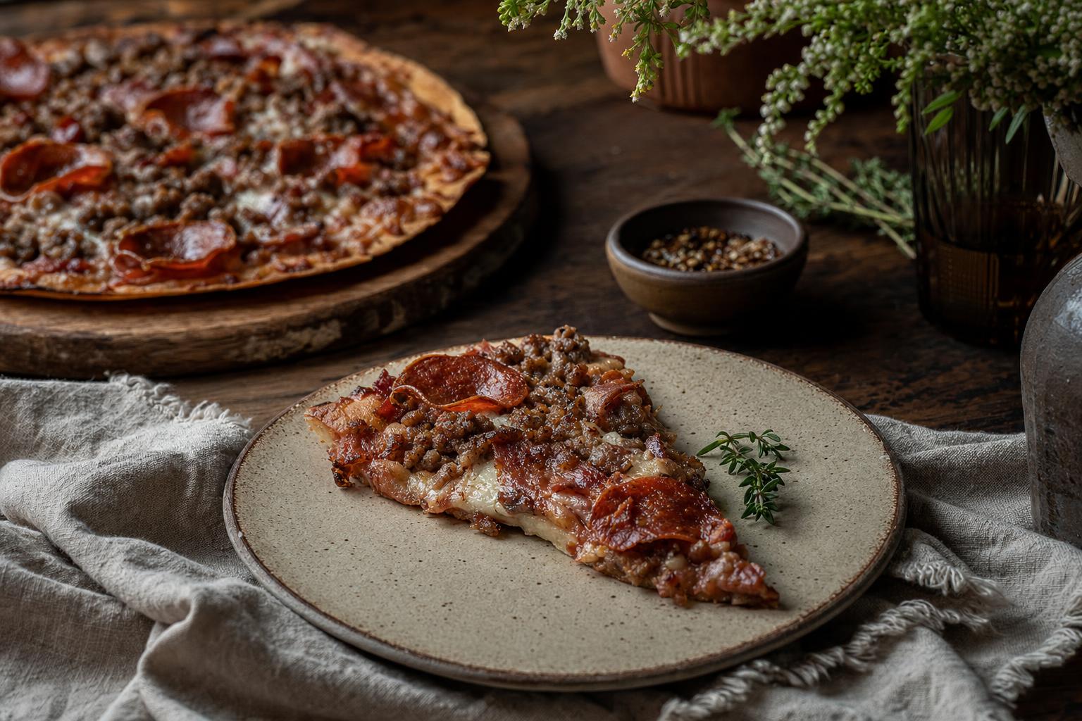 Carnivore Pizza – Pizza mit knusprigem Boden, belegt mit verschiedenen Sorten gebratenem Fleisch und geschmolzenem Käse, auf Holzbrett serviert
