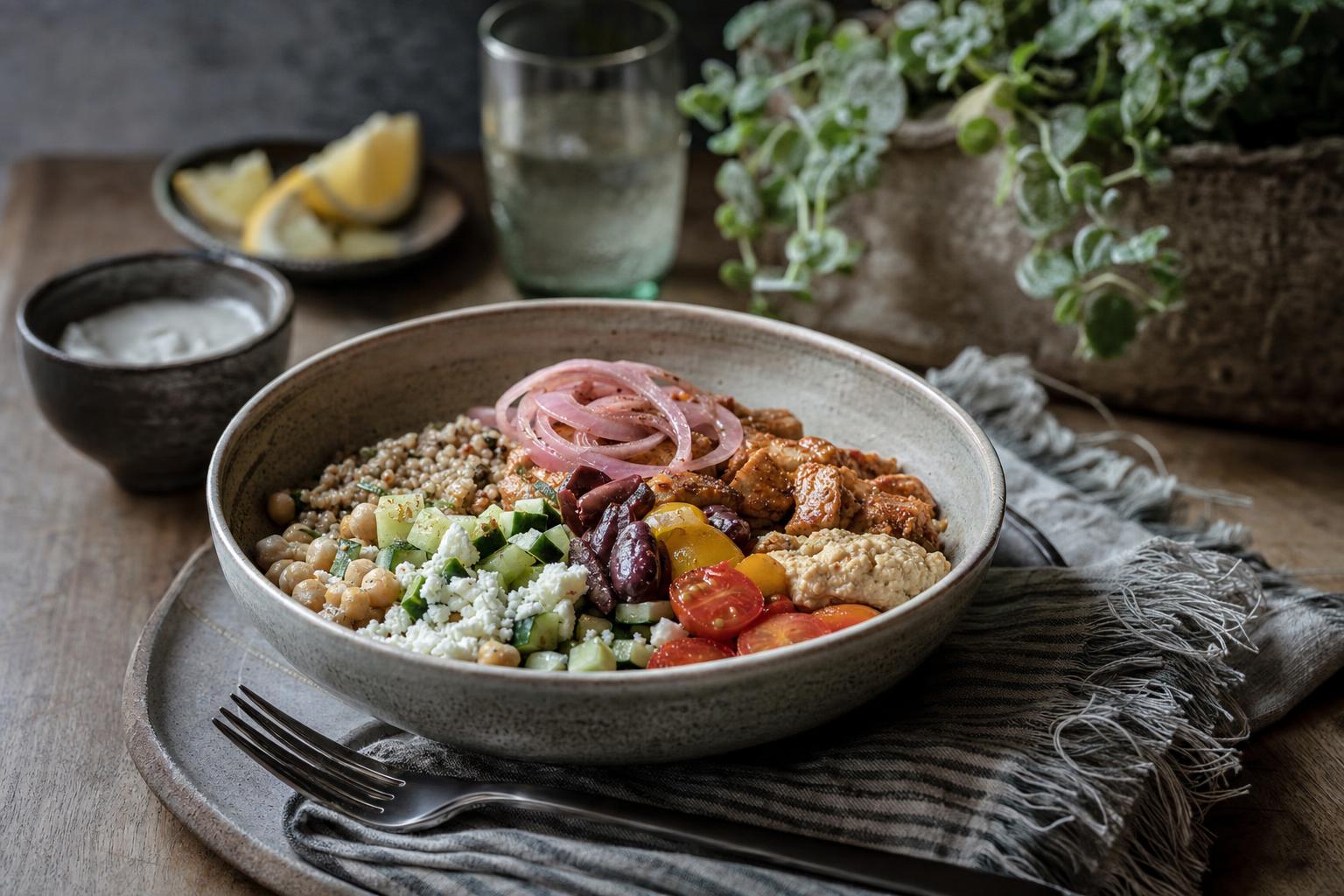 Bunte Levante Bowl mit Falafel, Hummus, Tomaten, Gurken, Granatapfelkernen und frischen Kräutern auf Reis serviert