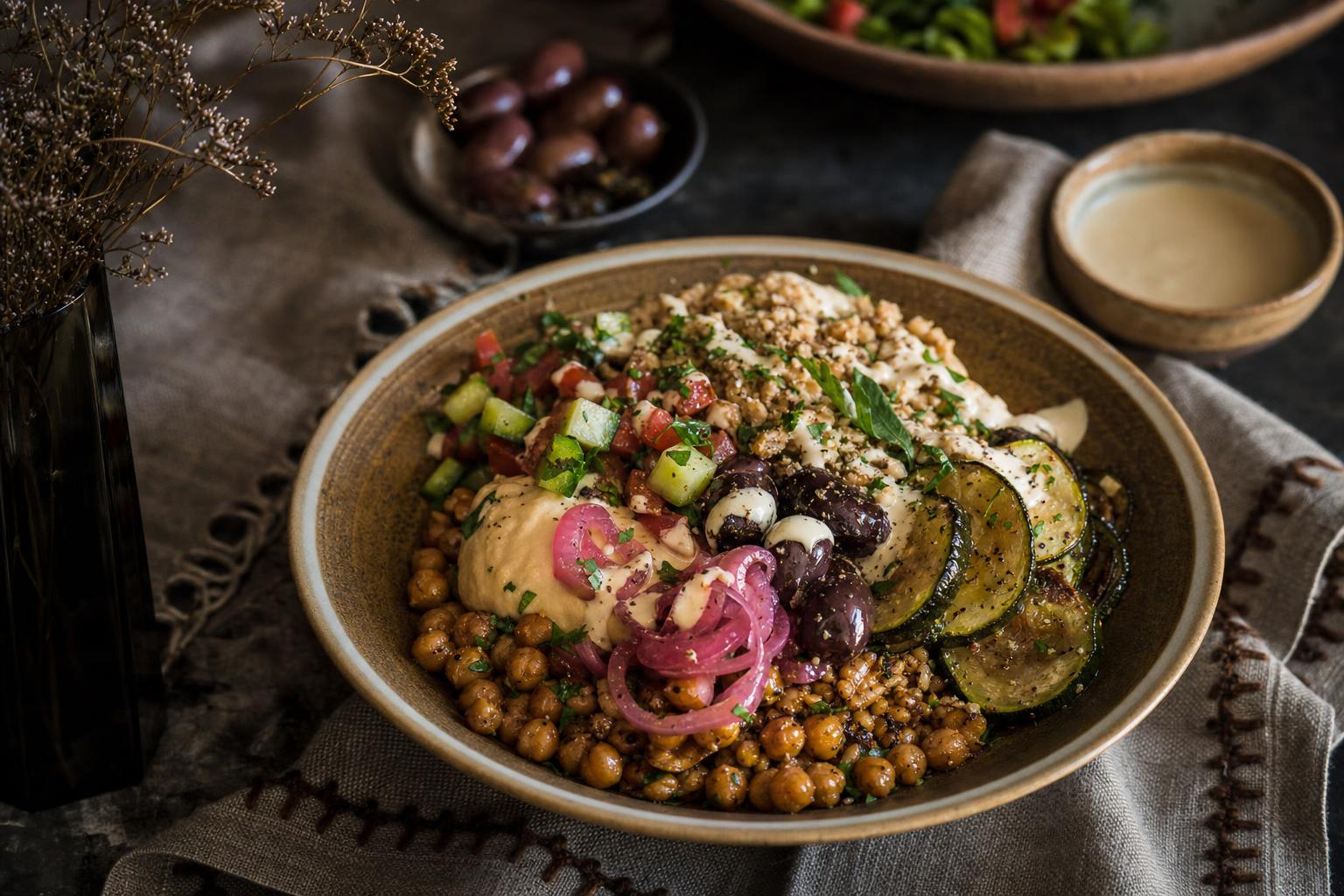 Bunte Levante Bowl mit Falafel, Hummus, Tomaten, Gurken, Granatapfelkernen und frischen Kräutern in einer Schüssel angerichtet