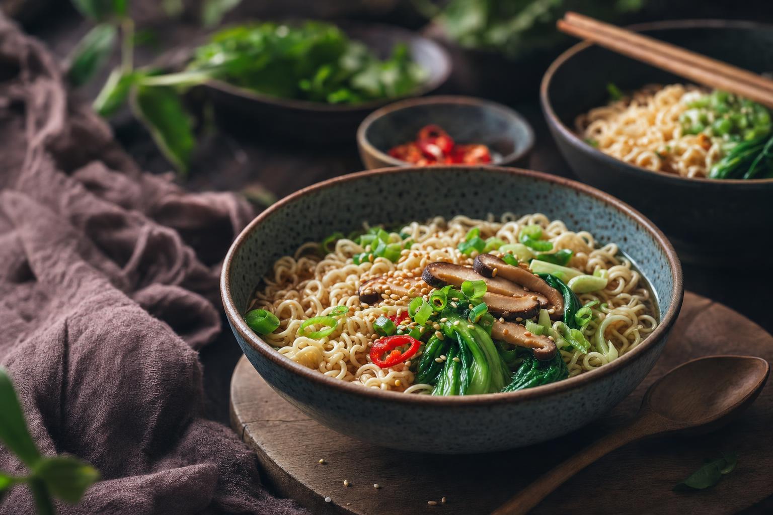 Ramen Nudeln – Schüssel mit Ramen-Nudeln in heller Brühe, garniert mit Frühlingszwiebeln, Ei und Gemüse, von oben fotografiert