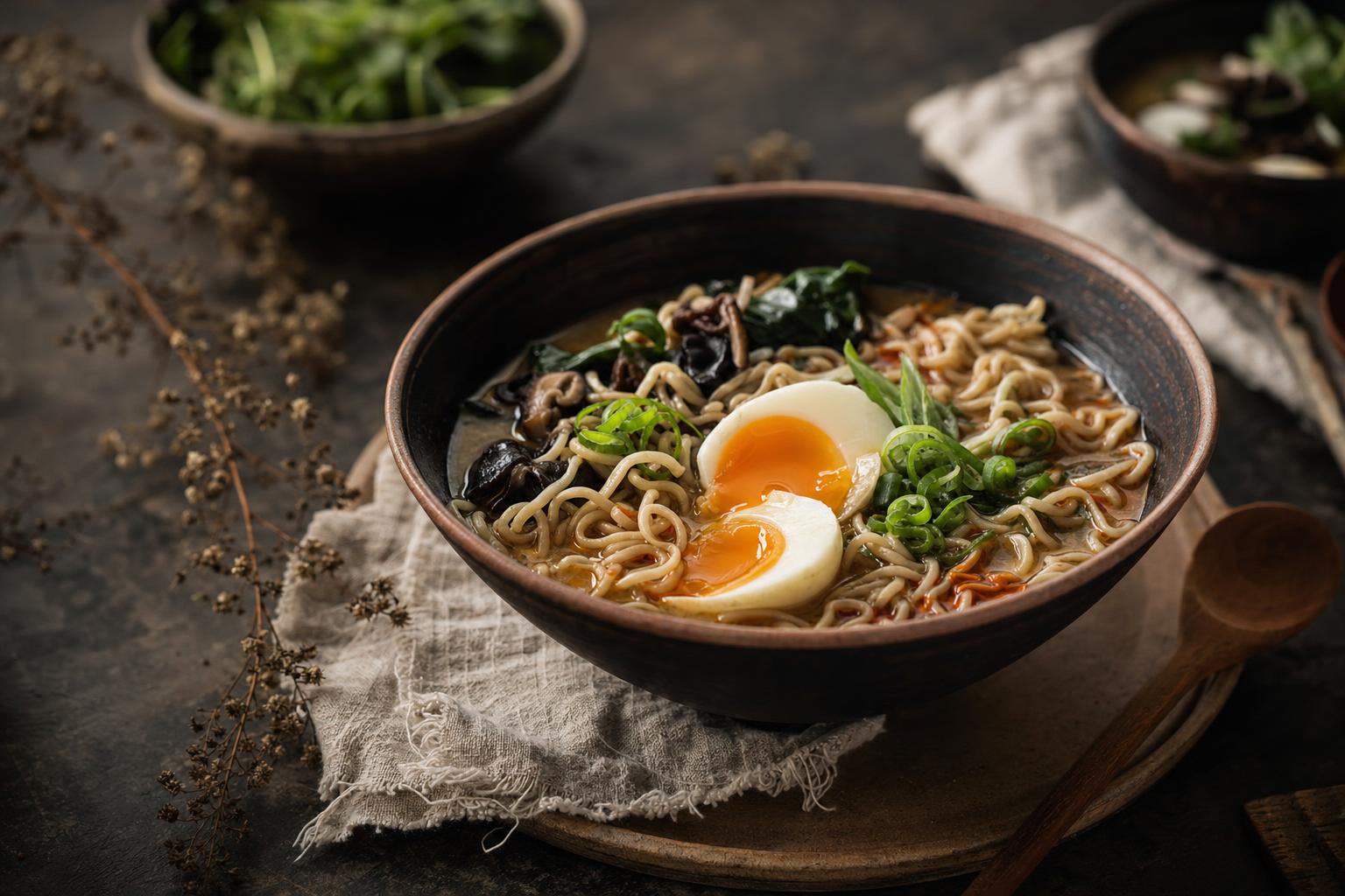 Ramen Nudeln – Schüssel mit Ramen-Nudeln in klarer Brühe, garniert mit Frühlingszwiebeln, Ei und Gemüse, von oben fotografiert